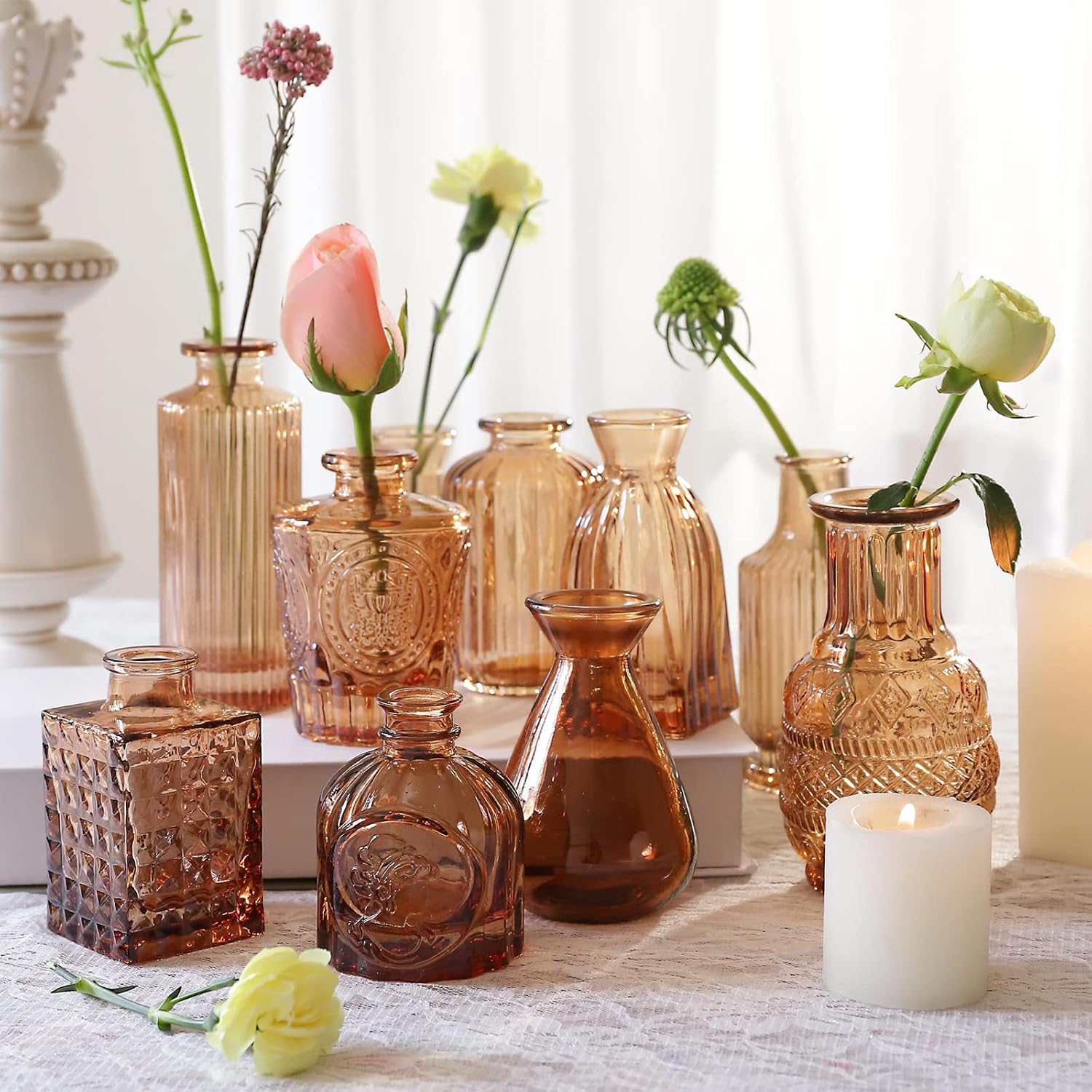 Amber Glass Bud Vases -Set of 20 for Flowers, Small Amber Bud Vases in Bulk for Centerpieces Decor, Mini Glass Set for Home Table Decorations