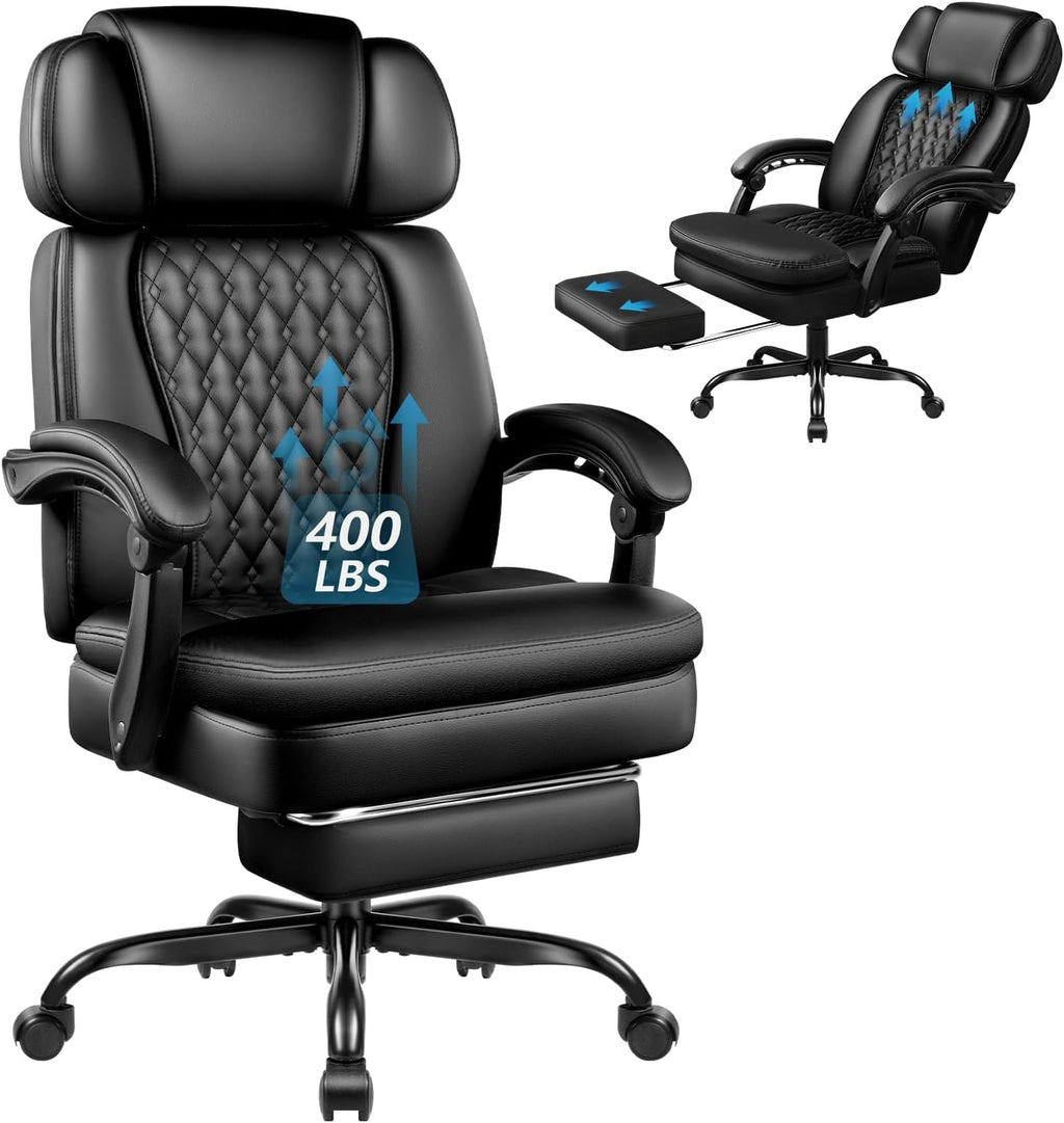 Office Chair with Foot Rest 400lbs, High Back Leather Office Chair Big and Tall, Heavy Duty Ergonomic Executive Desk Chair for Home Office, Black