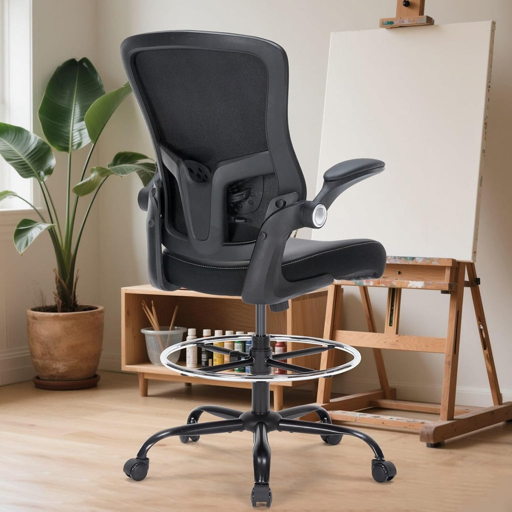 Drafting Chair, Tall Office Chair with PU Leather Seat, Ergonomic Standing Desk Chair with Lumbar Support Counter Height Office Chair with Adjustable Footrest Ring Flip-up Armrests