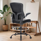 Drafting Chair, Tall Office Chair with PU Leather Seat, Ergonomic Standing Desk Chair with Lumbar Support Counter Height Office Chair with Adjustable Footrest Ring Flip-up Armrests