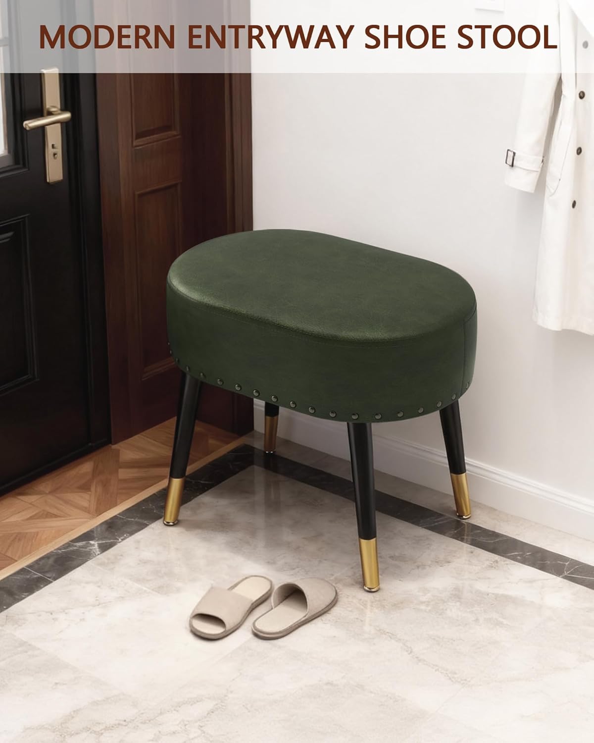 LITZFUR Vanity Stool Chair for Makeup, Pu Leather Oval Footrest, Vintage Rivet Ottoman Bench with Metal Legs, Dressing Stool for Batheroom, Living Room, Entryway, Green
