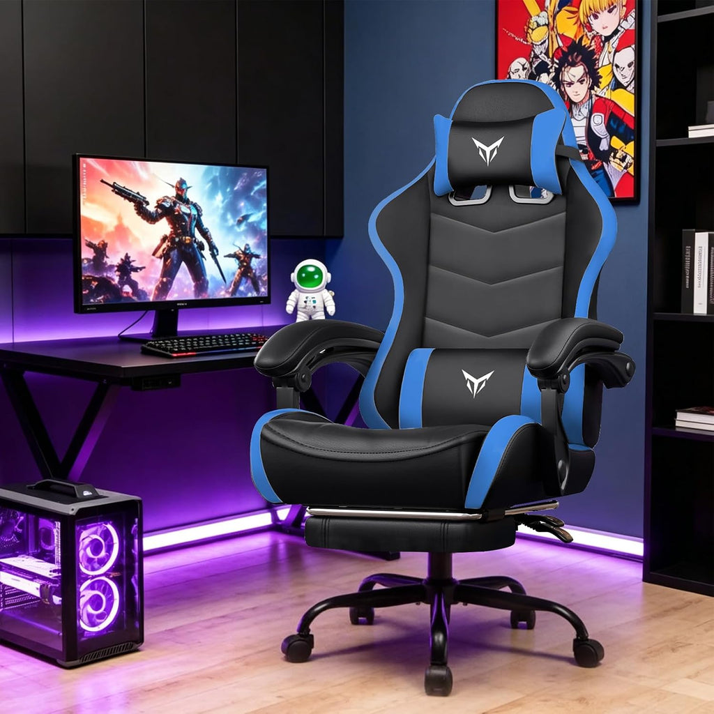 EXRACING Gaming Chair with Footrest, Ergonomic Computer Chair 350lbs High Back for Adults, Height Adjustable Video Game Chair with Headrest and Lumbar Support, 360° Swivel, PU Leather, Blue