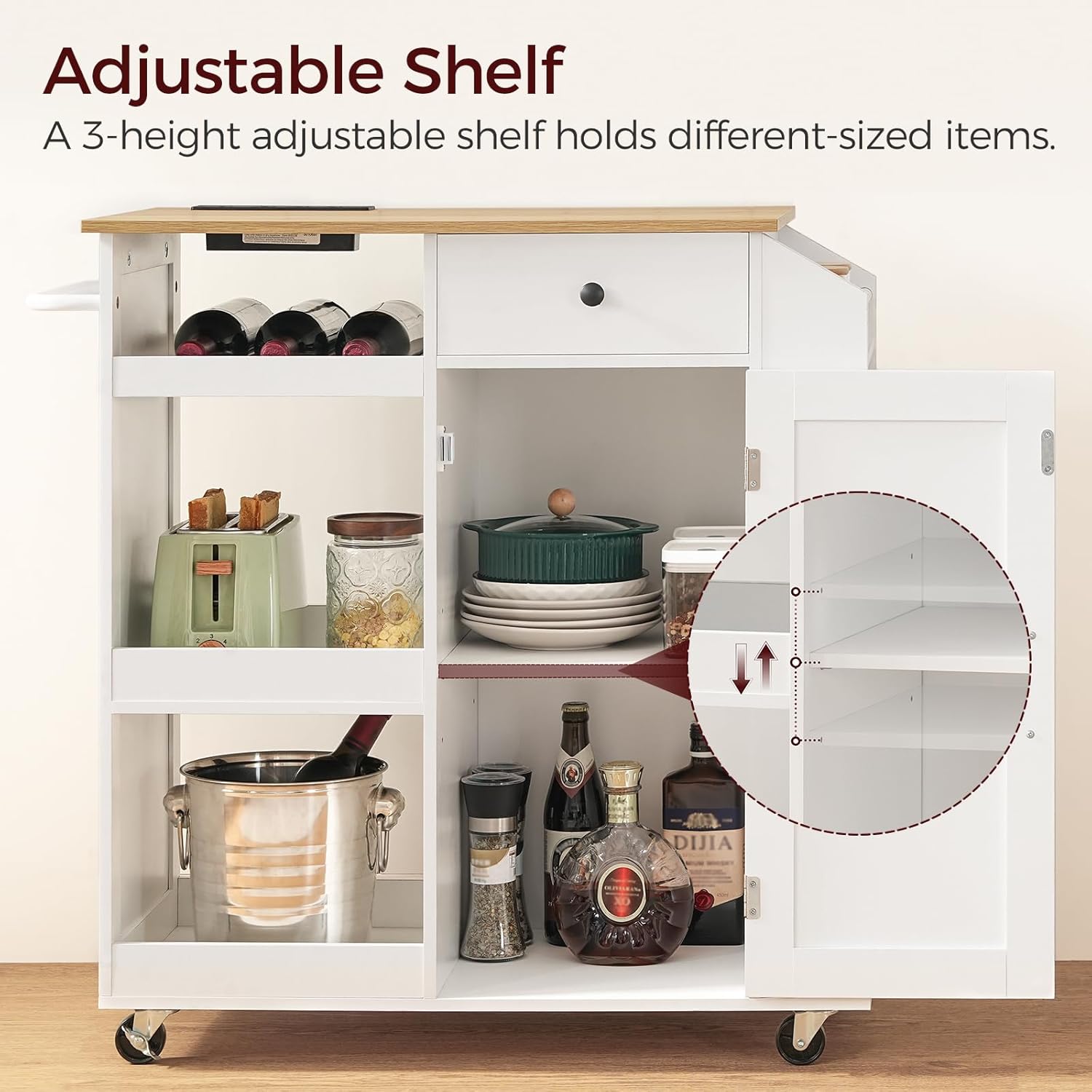 MAHANCRIS Kitchen Island with Power Outlet, Kitchen Storage Island with Drawer, Rolling Kitchen Cart on Wheels, Spice Rack, Towel Rack, Wine Rack, for Dining Room, White and Natural KINW122E01N1