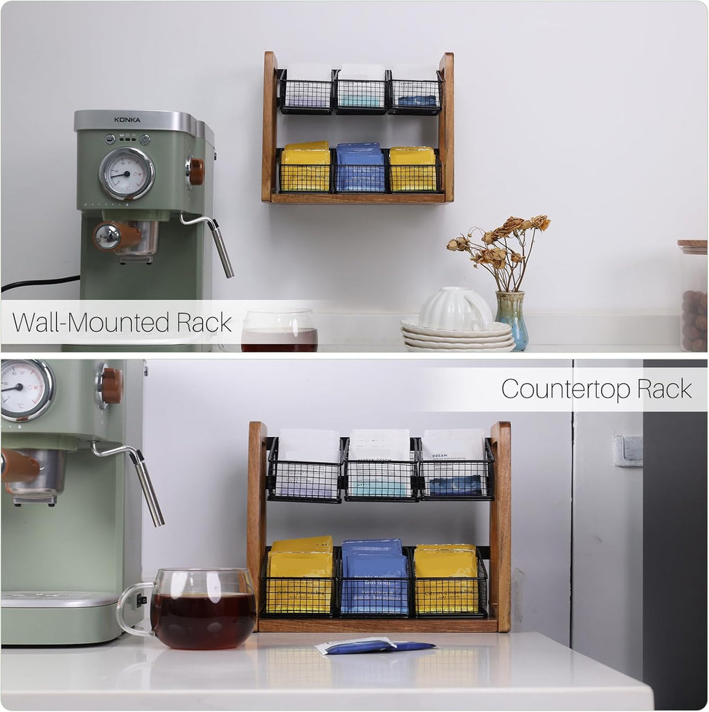 HTB 2 Tier Tea Organizer for Tea Bags with 6 Removable Metal Baskets | Acacia Wood Tea Bag Holder for Sugar Packets, Sweeteners, Creamers,Tea Bag Box Caddy for Cabinet, Counter,Office Wall-mounted