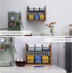 HTB 2 Tier Tea Organizer for Tea Bags with 6 Removable Metal Baskets | Acacia Wood Tea Bag Holder for Sugar Packets, Sweeteners, Creamers,Tea Bag Box Caddy for Cabinet, Counter,Office Wall-mounted