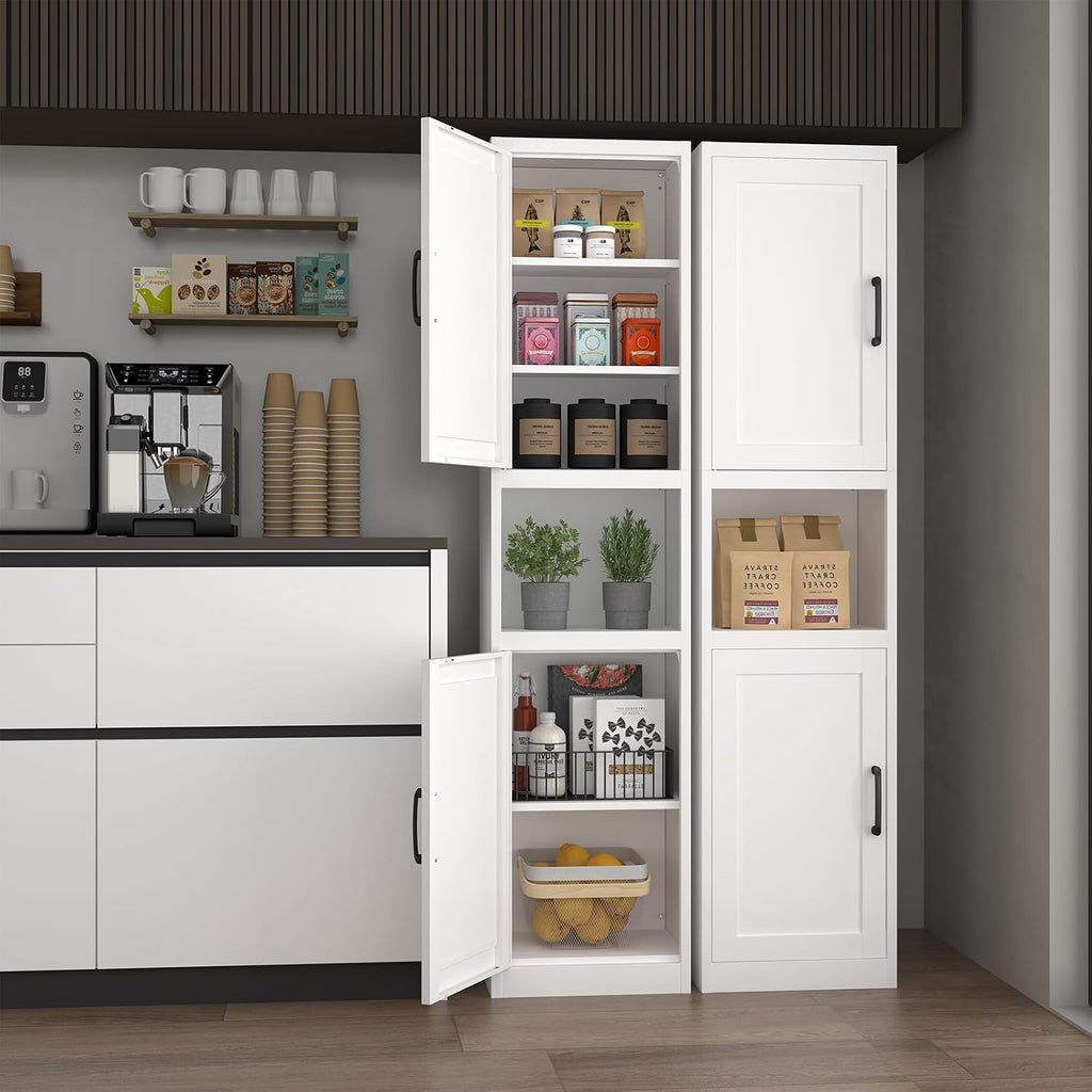 67" Tall Narrow Bathroom Storage Cabinet, Slim Metal Cabinet with Doors and Adjustable Shelves, Freestanding Pantry Organizer for Small Spaces, Bathroom, Kitchen, Laundry Room, Living Room, White