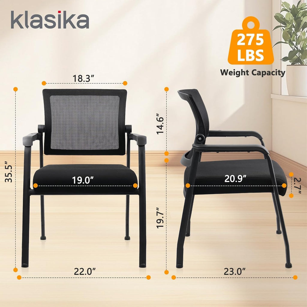 KLASIKA Office Guest Chairs No Wheels | Ergonomic Lumbar Support and Thicked Seats Cushion, Desk Chair with Adjustable Mesh Back for Waiting Room School Church Reception，Black