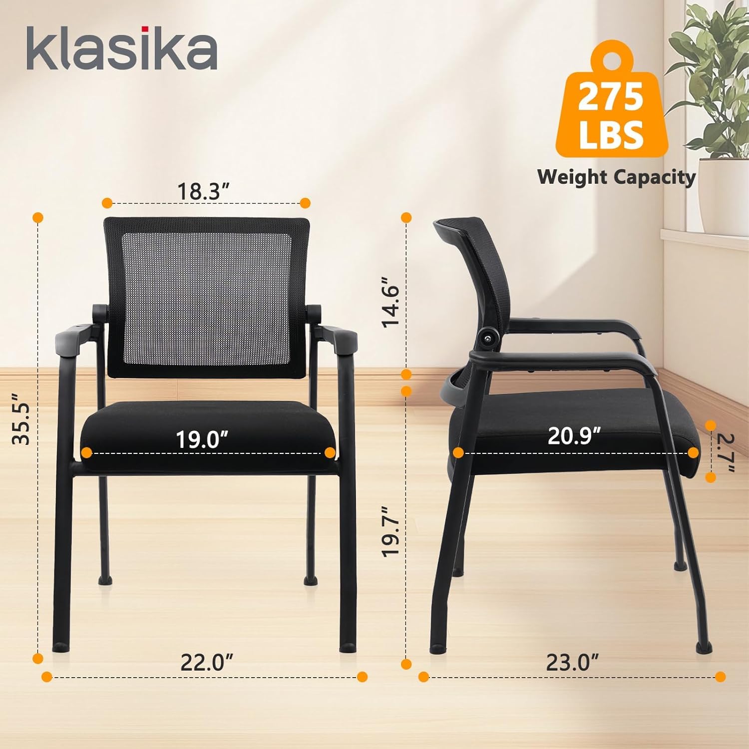 KLASIKA Office Guest Chairs No Wheels | Ergonomic Lumbar Support and Thicked Seats Cushion, Desk Chair with Adjustable Mesh Back for Waiting Room School Church Reception，Black