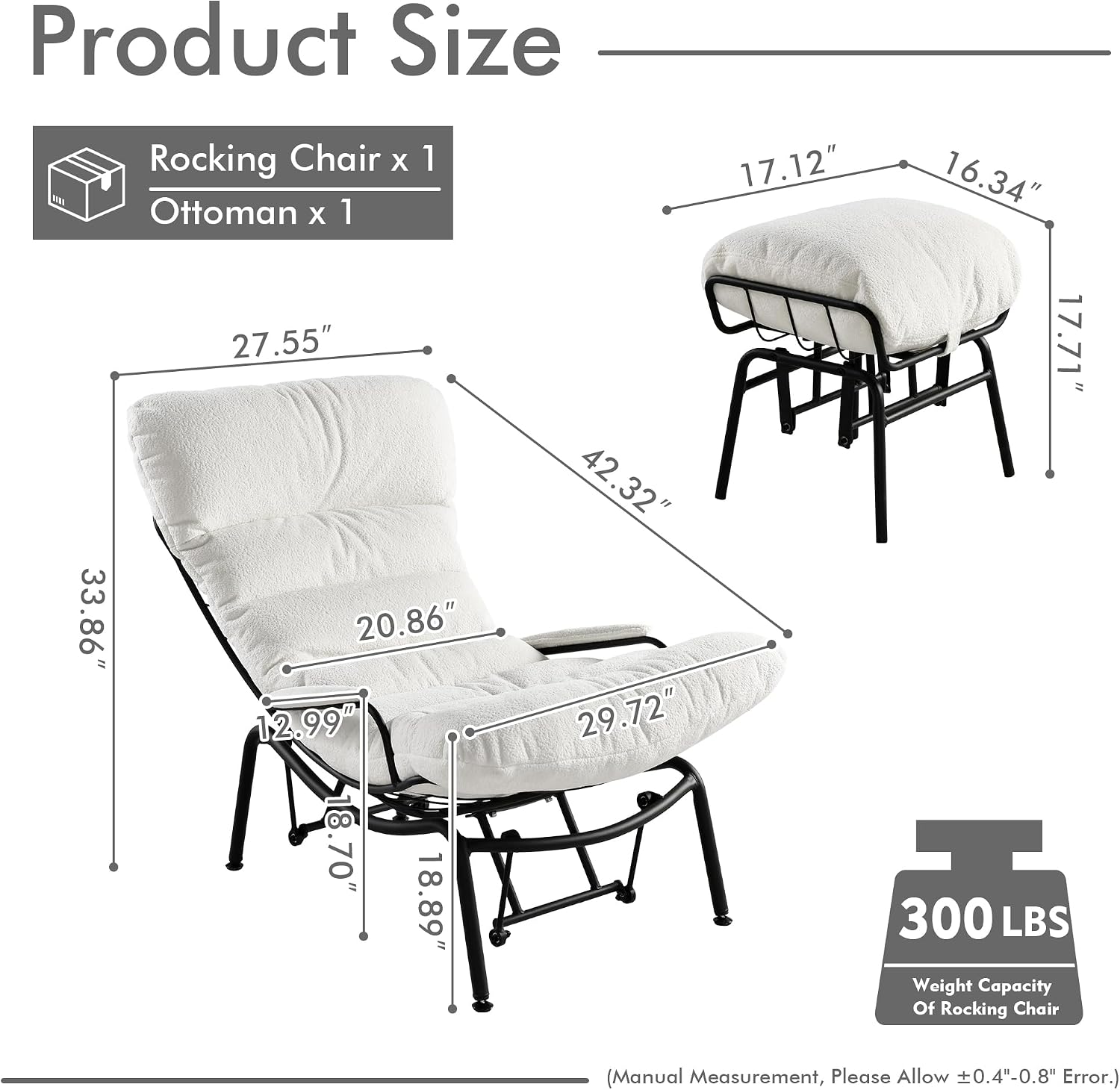 HOOOWOOO Cozy Rocking Chair,Chaise Lounge Chair Indoor,Accent Chair with Ottoman for Bedroom,Living Room,Office(Cloud Velvet White)