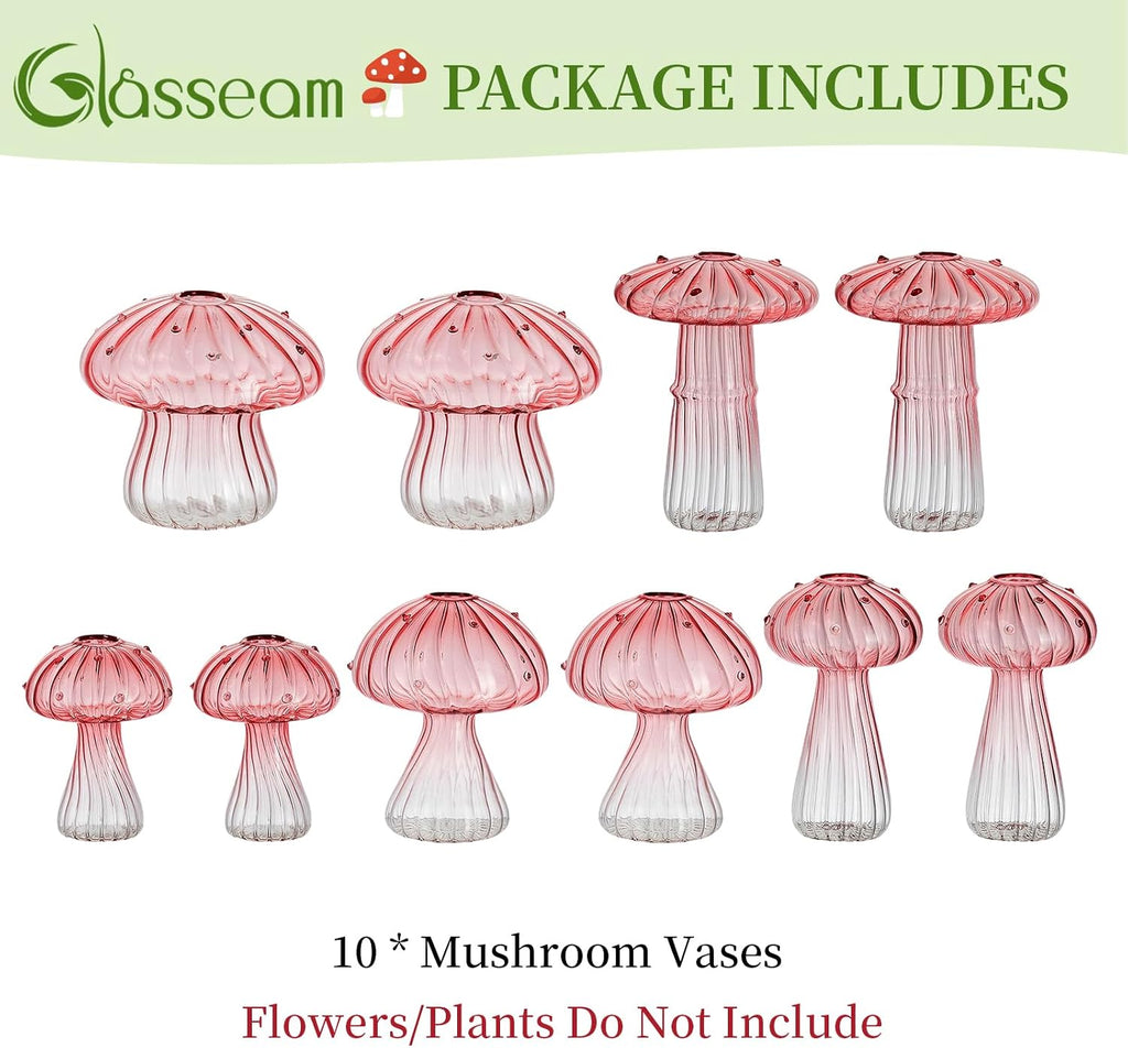 Glasseam Pink Glass Mushroom Vase: Cute Small Flower Vase Set of 10 Unique Mini Bud Vases for Centerpieces Decorative Vases for Flowers Funky Plant Vase Decor