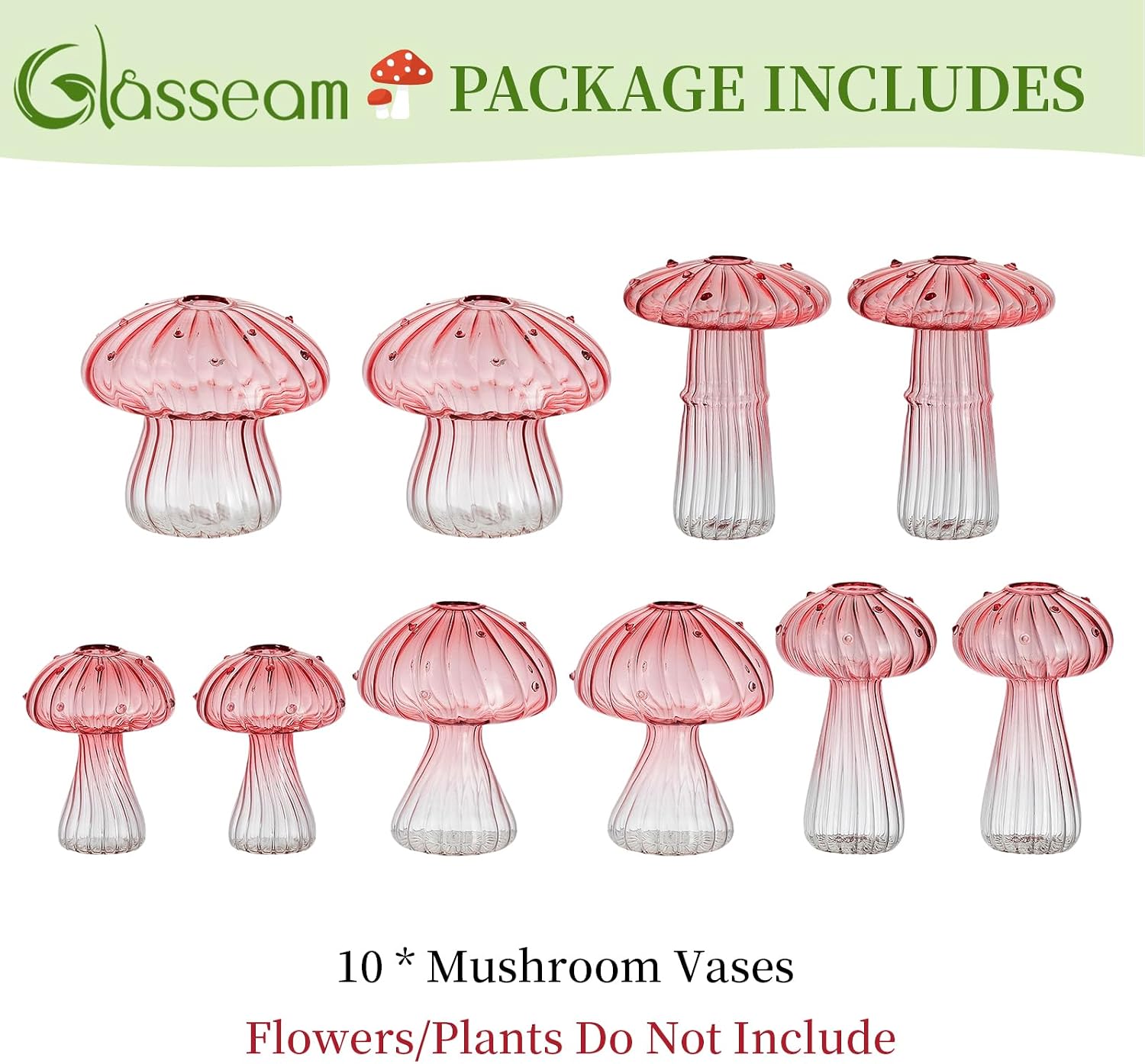 Glasseam Pink Glass Mushroom Vase: Cute Small Flower Vase Set of 10 Unique Mini Bud Vases for Centerpieces Decorative Vases for Flowers Funky Plant Vase Decor