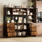 WOODTIME 70.9" W Kitchen Pantry Cabinet with Hutch, Pegboard & Microwave Stand, Large Cupboard Storage Cabinet with 6 Drawers, 4 Metal Mesh Doors & Open Shelves for Kitchen Dining Room, Black & Brown
