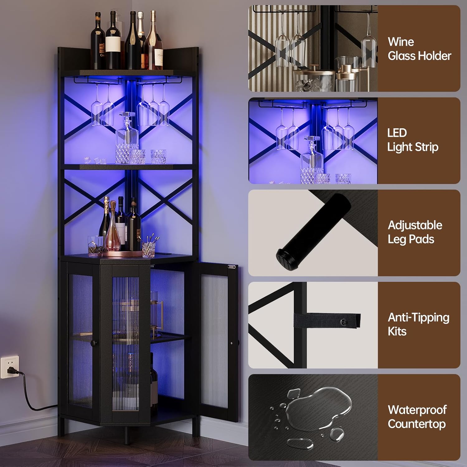 Airynee Corner Bar Cabinet with Power Outlet, 5-Tier Corner Wine Cabinet with Led Strip and Glass Holder, Industrial Tall Liquor Cabinet Bar Wine Rack for Home，Black
