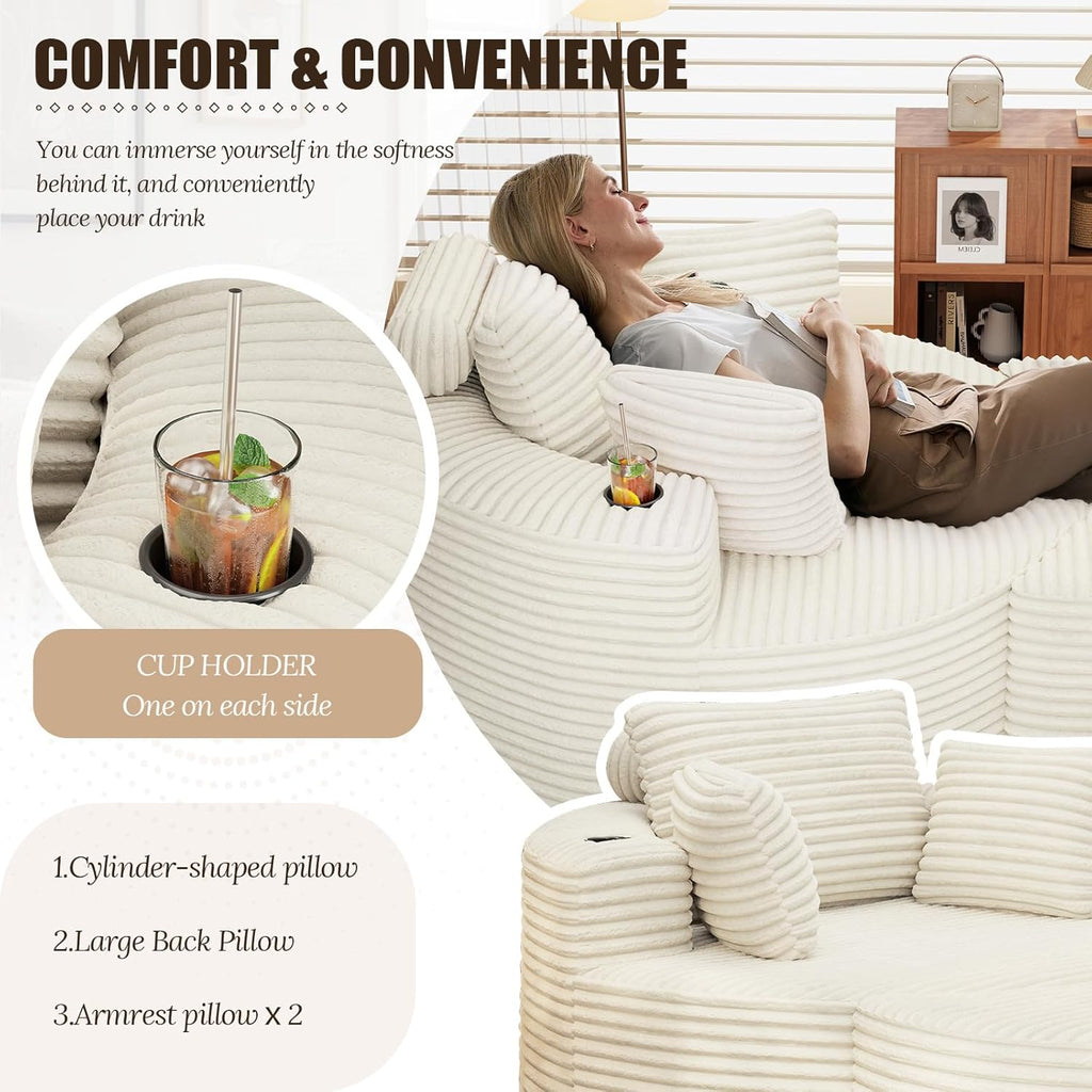 Round Chaise Lounge with Ottoman, Boneless Cloud Corduroy Curved Reading Lounge Sofa Chair with Cup Holders, Circle Memory Foam Chaise Chair and Ottoman Set for Study, Living Room, Sunroom, Beige