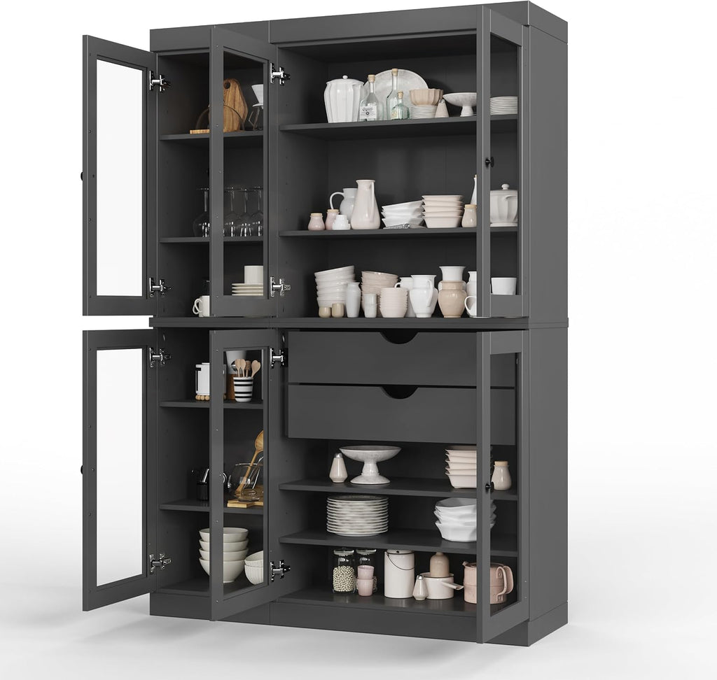 Palace Imports 100% Solid Wood 48.5" Pantry China Cabinet with Clear Glass Doors, 2-Drawers and Adjustable Shelves (Gray)