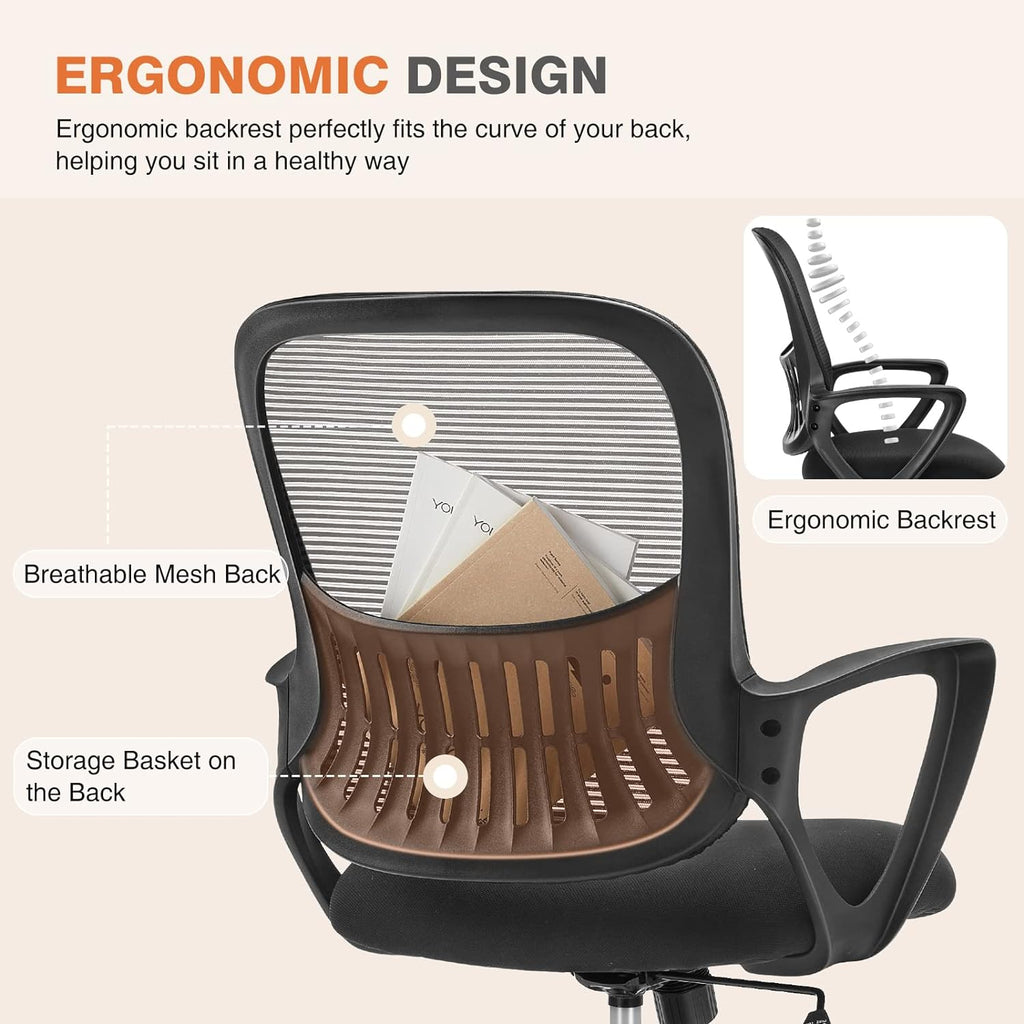 Sweetcrispy Home Office Managerial Executive Chair with Ergonomic Design, Mid-Back Mesh 360° Swivel, Comfortable Lumbar Support, Comfy Arms for Bedroom,Study,Student, Black