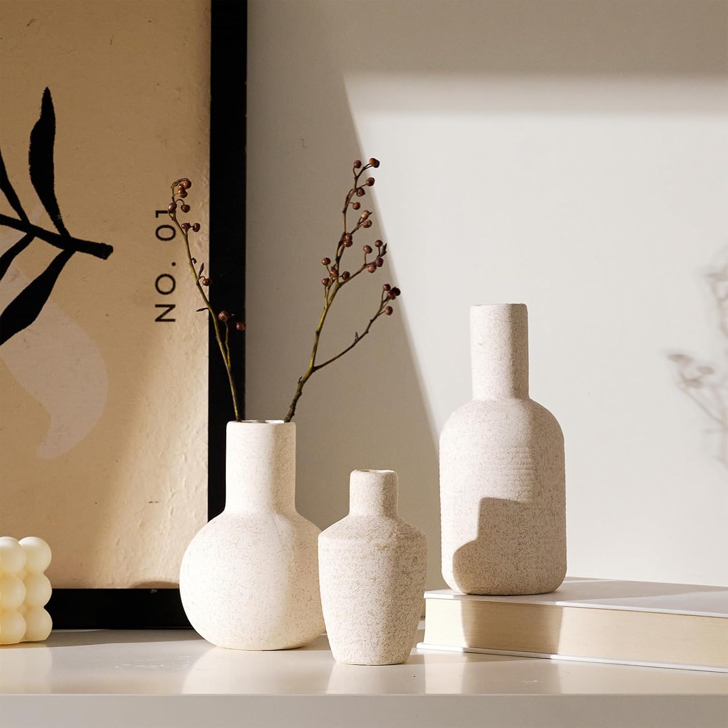 DN DECONATION Ceramic Vase Set of 3, Small Vases Home Decor Boho Rustic Farmhouse for Pampas Grass & Dried Fresh Flowers, Modern Decorative Vases for Living Room, Bedroom, Entryway, Shelf, Table Decor