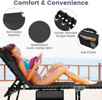 Tangkula Beach Lounge Chair for Outside, Folding Chaise Lounge Outdoor with 4-Position Backrest, Removable Headrest and Side Pocket, Portable Sunbathing Tanning Chair for Patio, Poolside (1, Black)