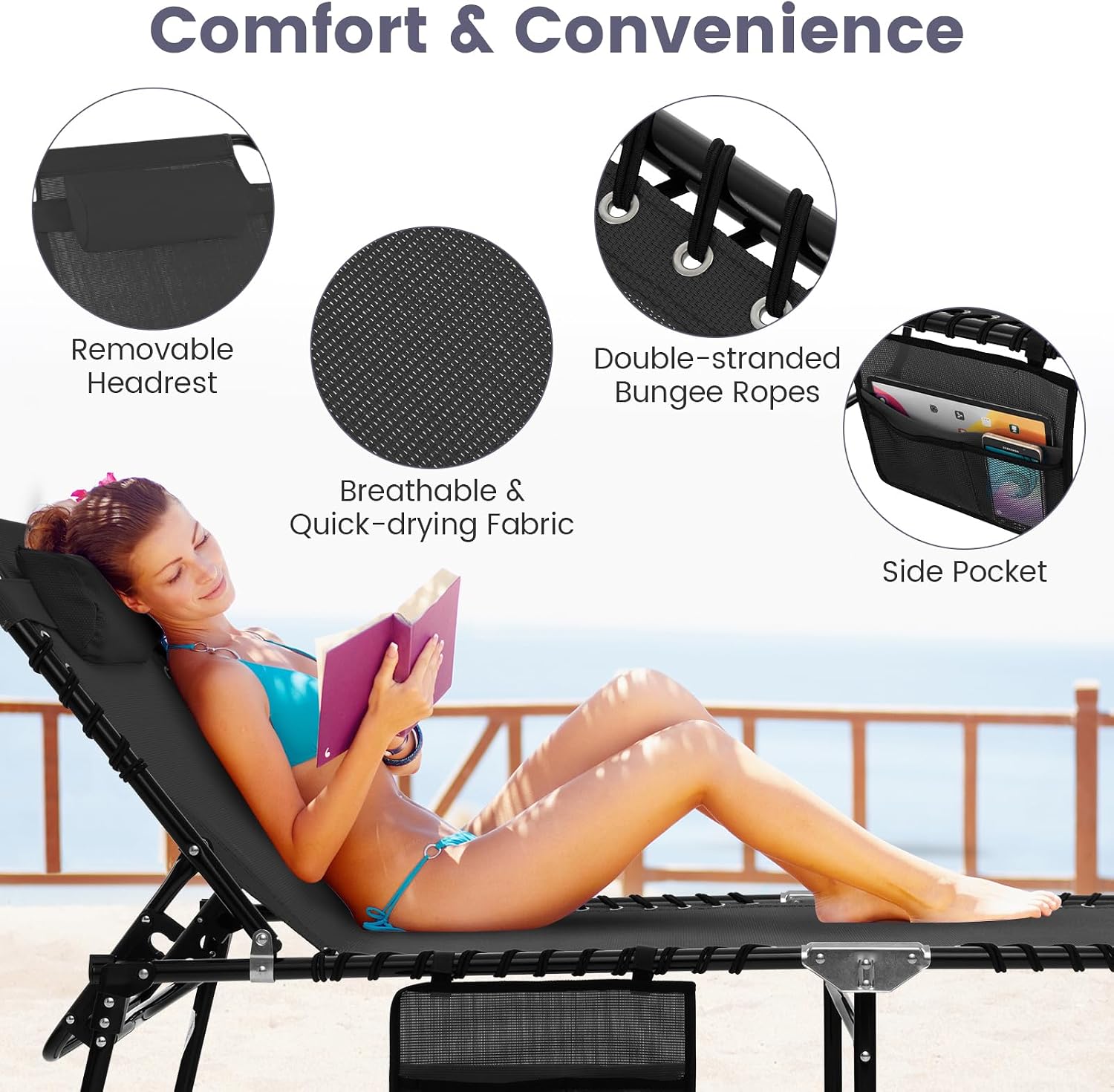 Tangkula Beach Lounge Chair for Outside, Folding Chaise Lounge Outdoor with 4-Position Backrest, Removable Headrest and Side Pocket, Portable Sunbathing Tanning Chair for Patio, Poolside (1, Black)