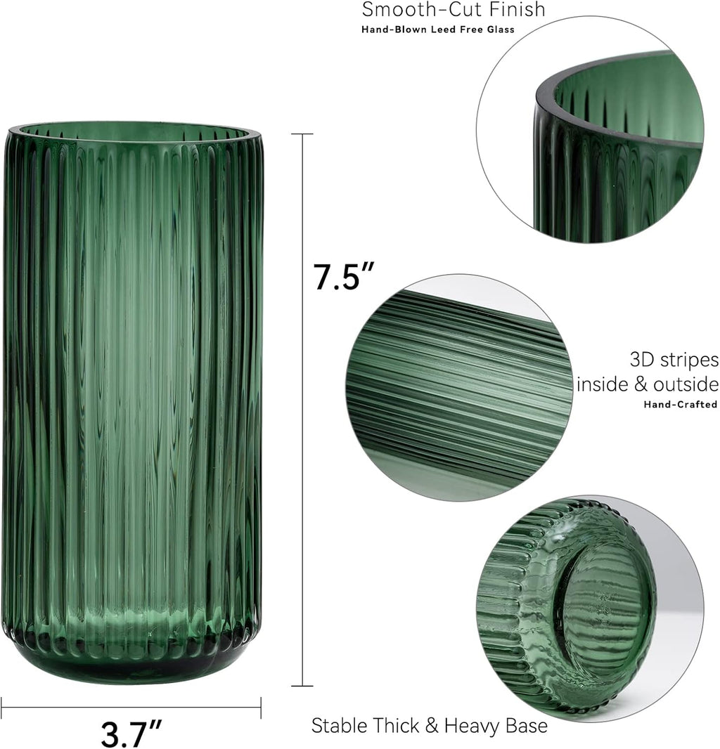 TIMEFOTO Flower Vase 7.5 inch Green Thickened Glass Vase for Bookshelf,Dinner Table,Indoor Office Desktop,Meeting Room,Bathroom,Countertop,Home Christmas Day Decoration