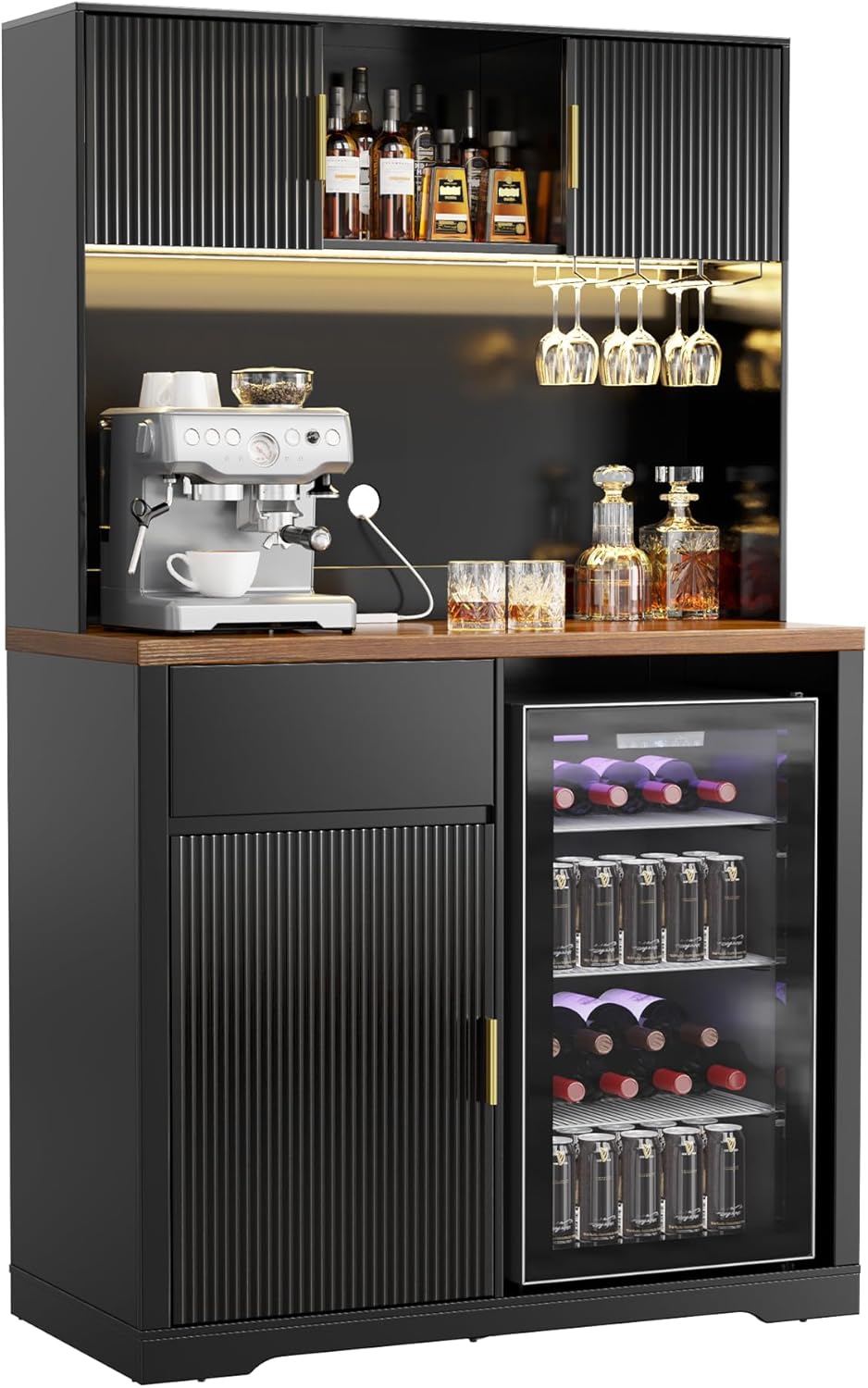 GDLF 72" Tall Bar Cabinet with Fridge Space, Fluted Coffee Liquor Hutch Cabinet with Storage, Tall Home Bar with LED Light & Power Outlet for Kitchen Dining Room or Living Area