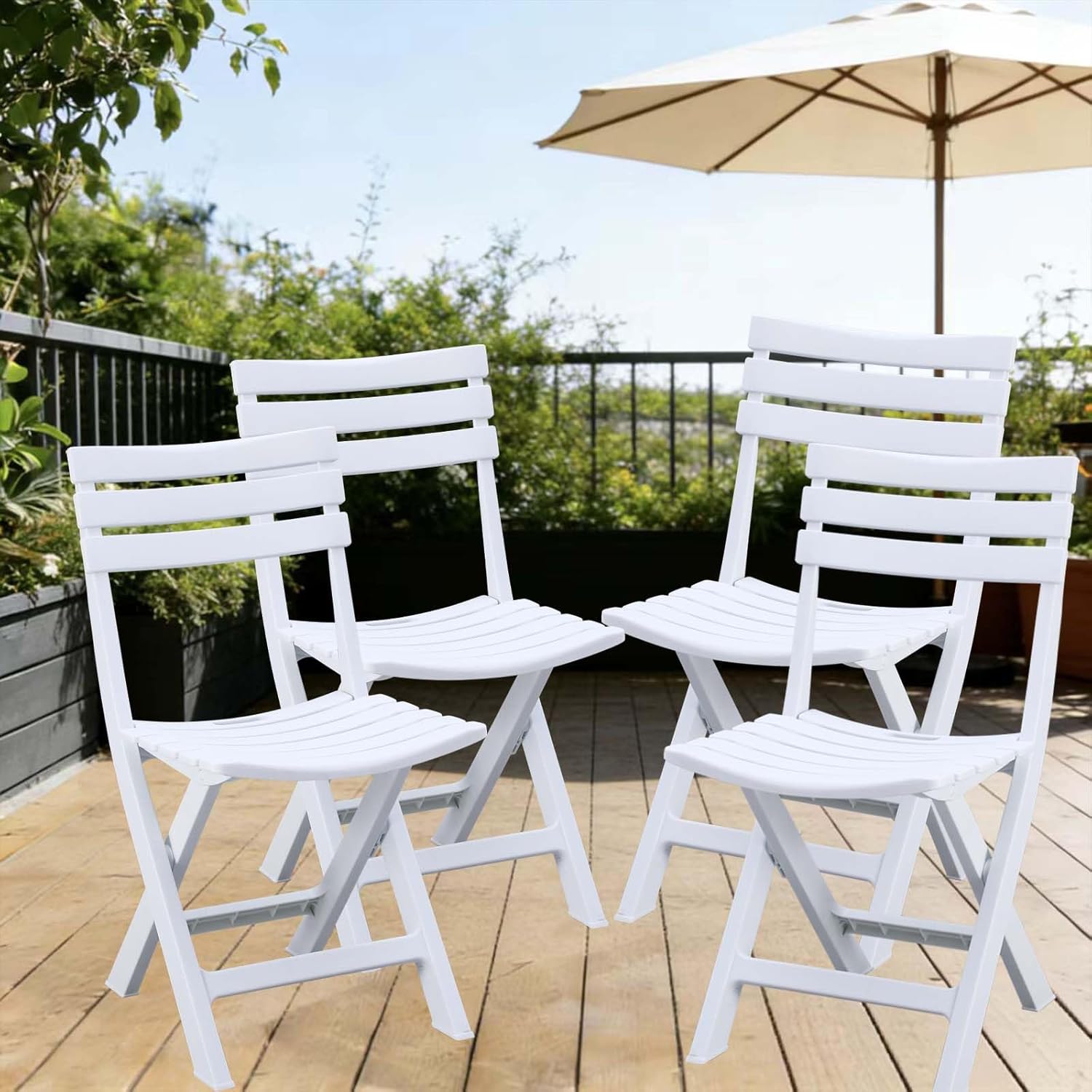 4 Pack Foldable Plastic Chairs, 300 LB Weight Capacity, Lightweight Waterproof Foldable Chairs for Patio, Garden, Beach, Balcony & Porch Indoor Outdoor Use(White×4)