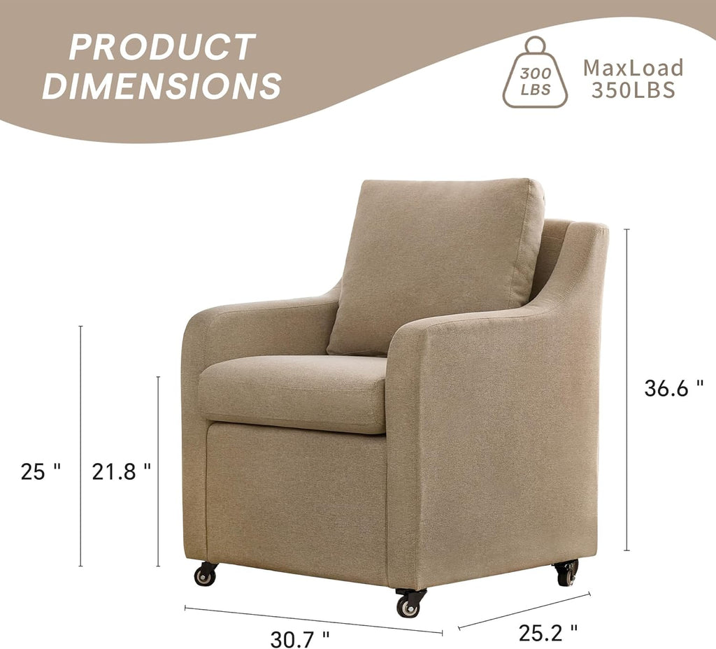 Rolled Dining Chair with Casters, Upholstered Modern Swivel Armchair with Wheels for Kitchen (1, Fabric Camel)