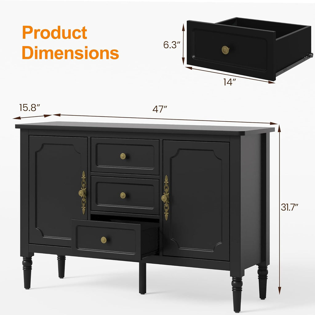 RoyalCraft Buffet Cabinet with Storage, Vintage Sideboard with 2 Doors & 3 Drawers, Coffee Bar Table with Solid Wood Legs, Mid Century Modern Painted Credenza for Kitchen, Dining Room, Black