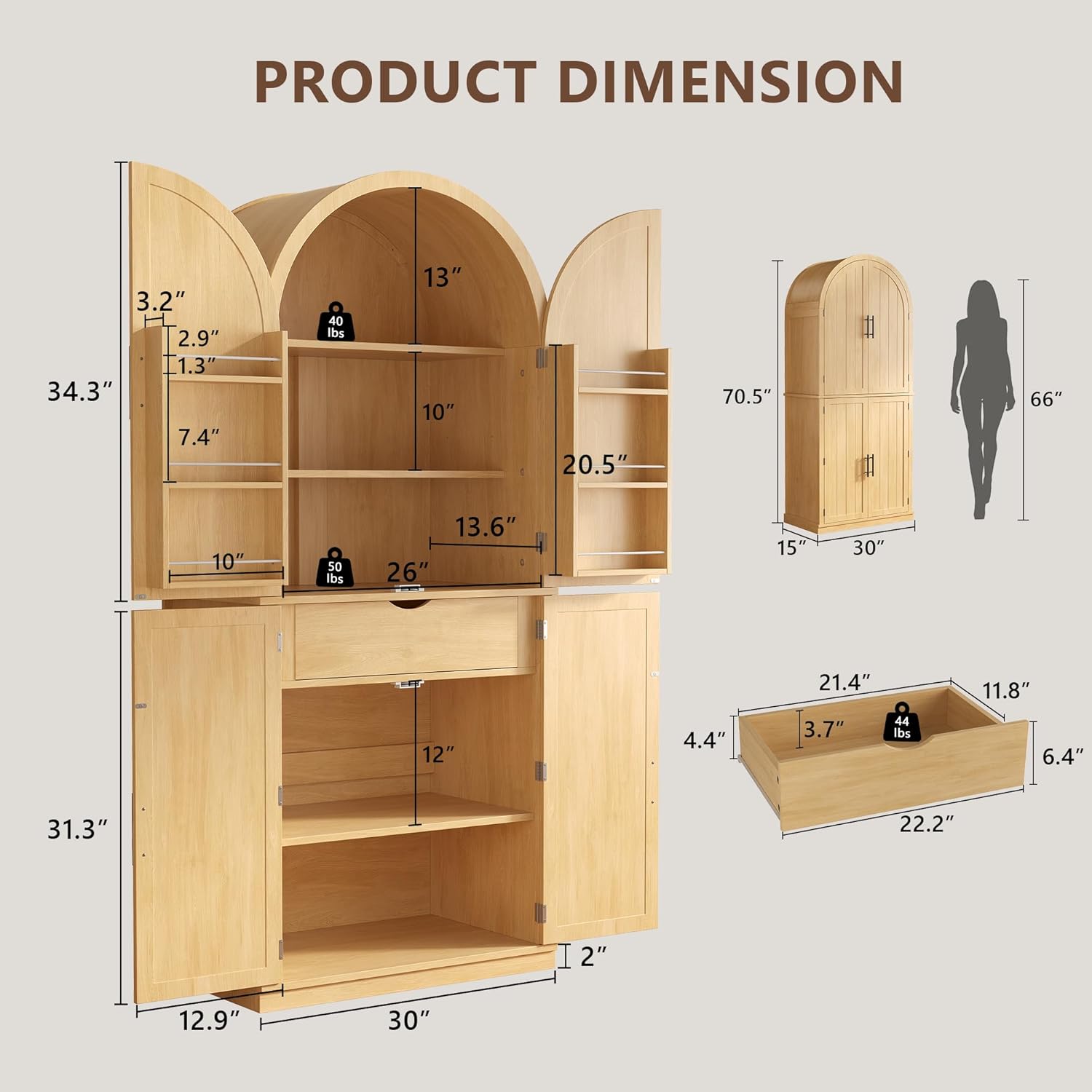 iPormis 71" Tall Arched Cabinet with Doors, Farmhouse Kitchen Pantry with 6-Tier Door Shelves & Drawer & Adjustable Shelves, Modern Wood Storage Cabinet for Dining Room, Living Room, Bathroom, Natural