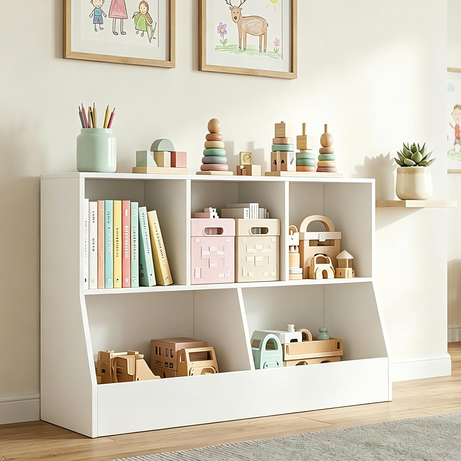 DINZI LVJ Toy Storage Organizer, Kids Bookshelf, Wood Toy Storage Cabinet, 5 Cubby Children Bookcase, 43.3" L Toddler Book Shelf for Playroom, Living Room, Nursery, Hallway, Classroom, White