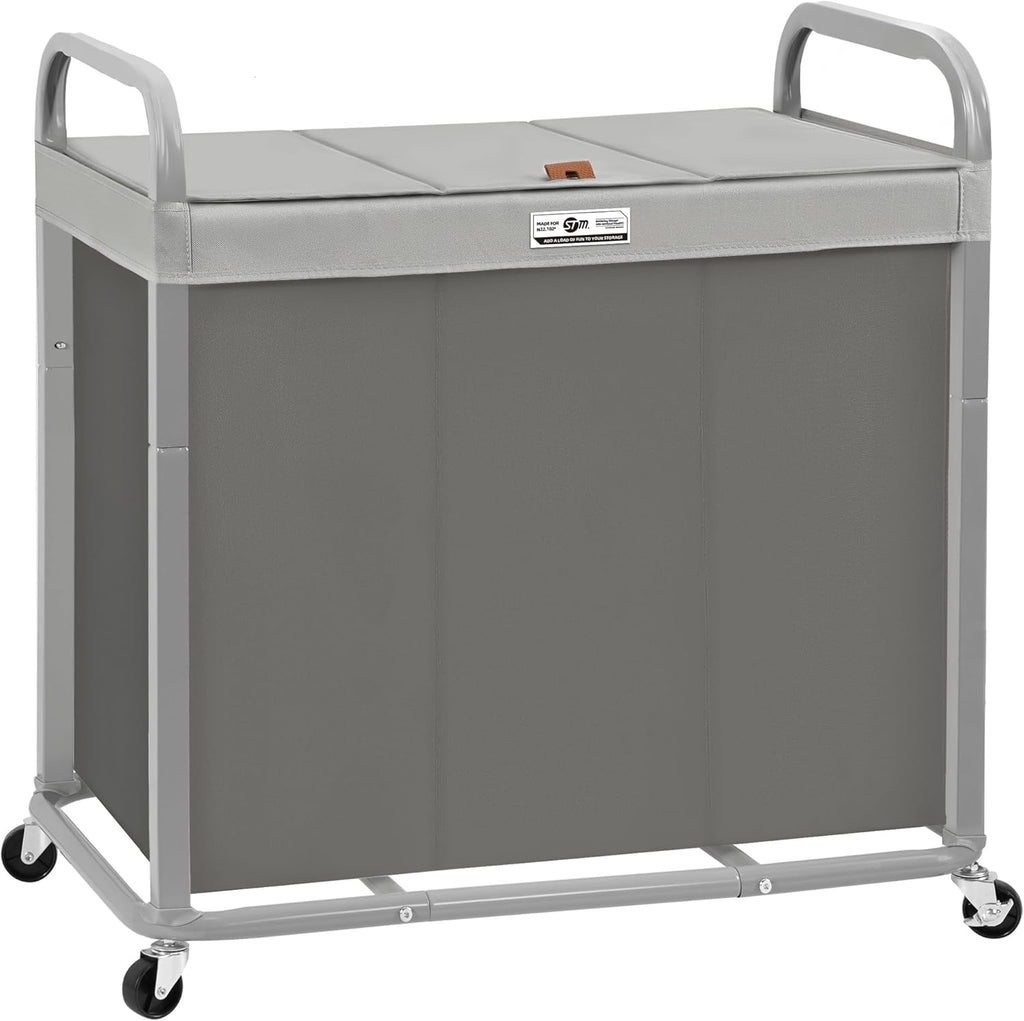 STORAGE MANIAC 3 Section Laundry Sorter, 60 Gal. Laundry Hamper Cart with Heavy Duty Rolling Lockable Wheels and Removable Bags, Clothes Organizer Basket Clothes Separator Hamper, Gray with Lid