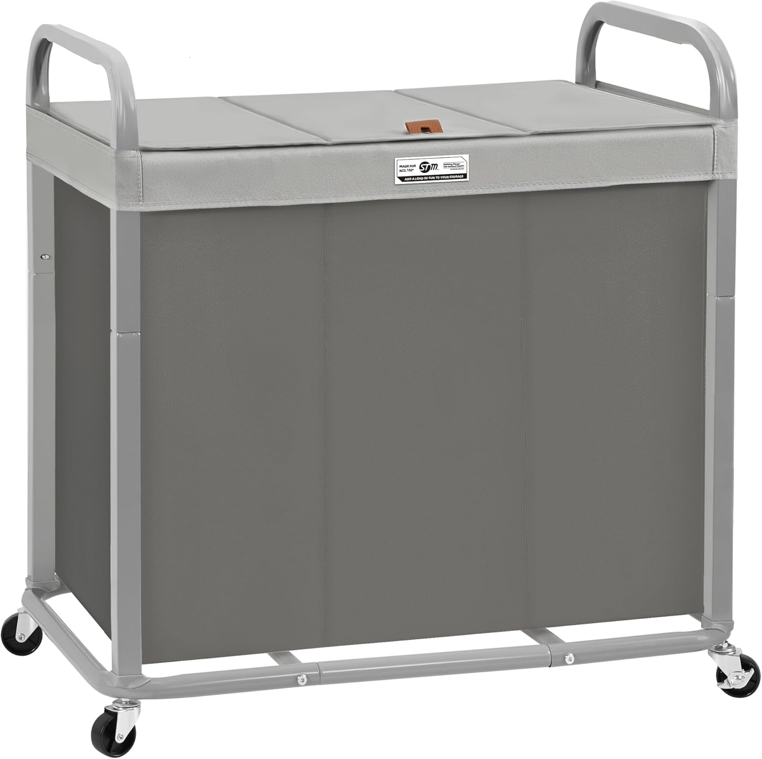 STORAGE MANIAC 3 Section Laundry Sorter, 60 Gal. Laundry Hamper Cart with Heavy Duty Rolling Lockable Wheels and Removable Bags, Clothes Organizer Basket Clothes Separator Hamper, Gray with Lid