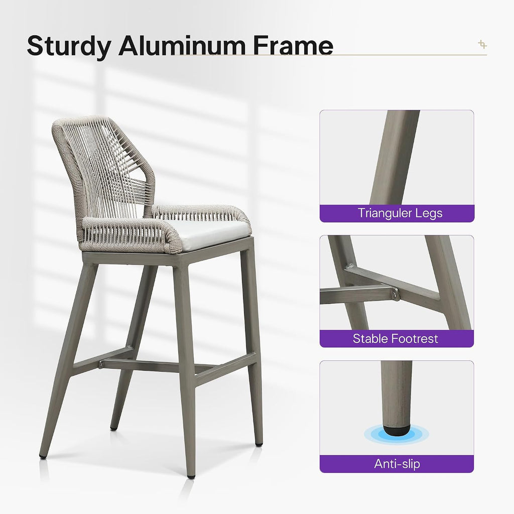 PURPLE LEAF Patio Bar Stools 28" H Set of 2 Handwoven Wicker Bar Height Stool Modern Aluminum High Bar Chairs Outdoor Wicker Barstools with Back and Cushion for Kitchen Pool Island
