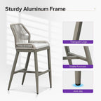 PURPLE LEAF Patio Bar Stools 28" H Set of 2 Handwoven Wicker Bar Height Stool Modern Aluminum High Bar Chairs Outdoor Wicker Barstools with Back and Cushion for Kitchen Pool Island