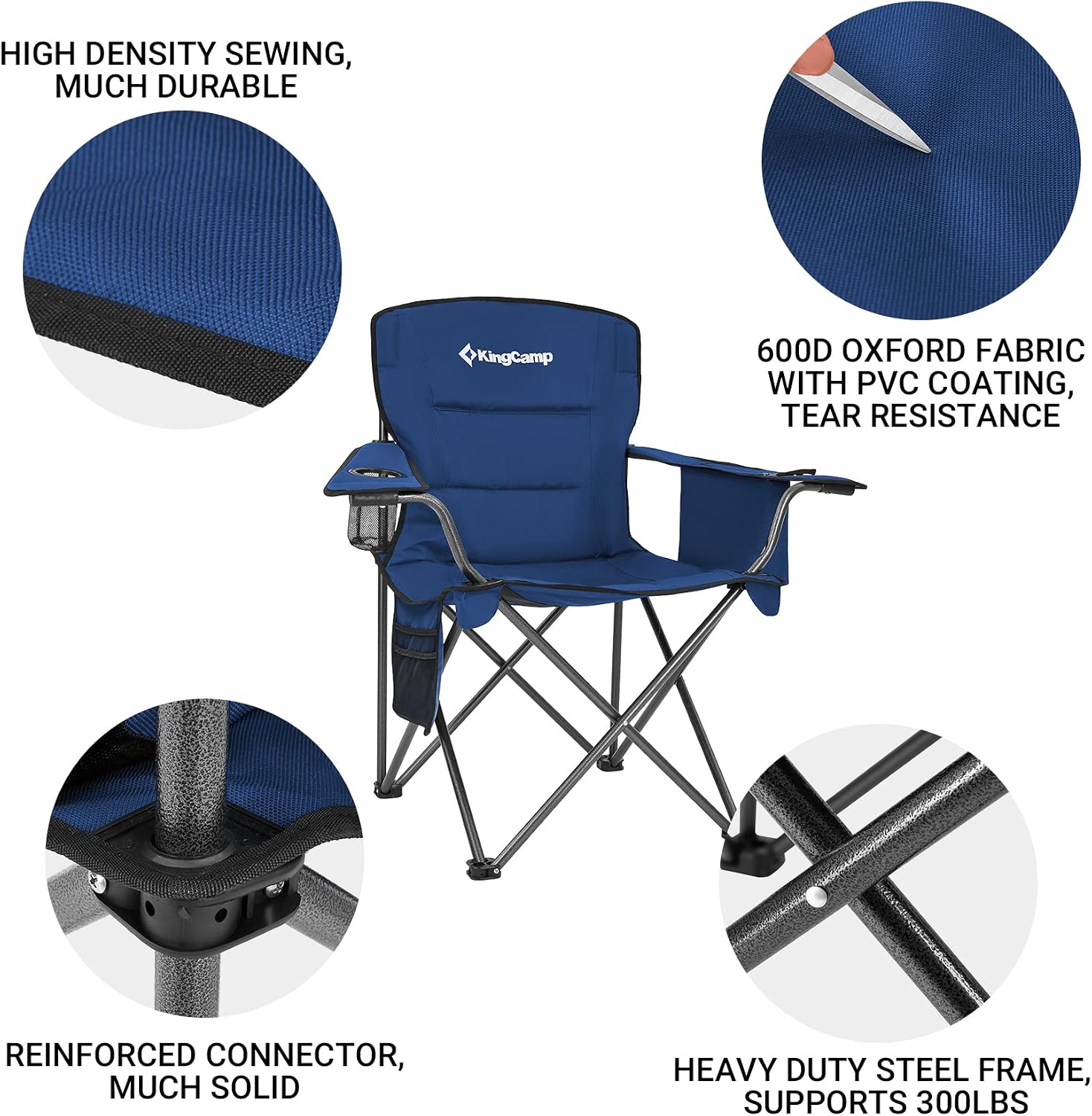 KingCamp Oversized Heavy Duty Camping Chair, Padded Folding Lawn Chair with Cooler Bag & Cup Holder, Portable Outdoor Chair with Lumbar Support for Tailgating Sports Patio Beach, Blue