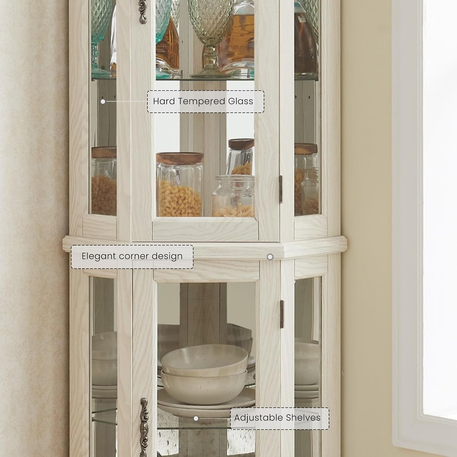 Lighted Corner Curio Cabinet 70.5" Tall Wooden China Cabinet with Tempered Glass Doors, Freestanding Glass Display Case Wine Cabinet Storage Rack for Bar and Liquor Storage (White)