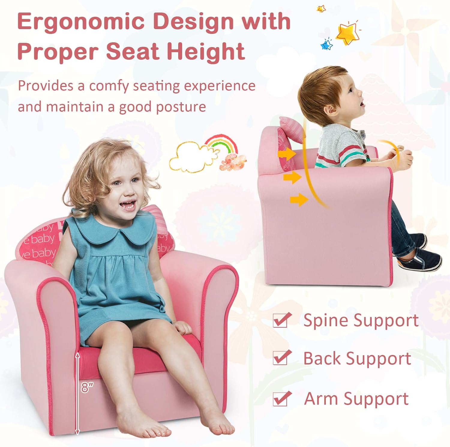 Costzon Kids Pink Couch, Children's Sofa Upholstered Armchair with Velvet Surface & High-Density Sponge, Lightweight Preschool Toddler Chair for Boys Girls, Bedroom Playroom Gift Presents