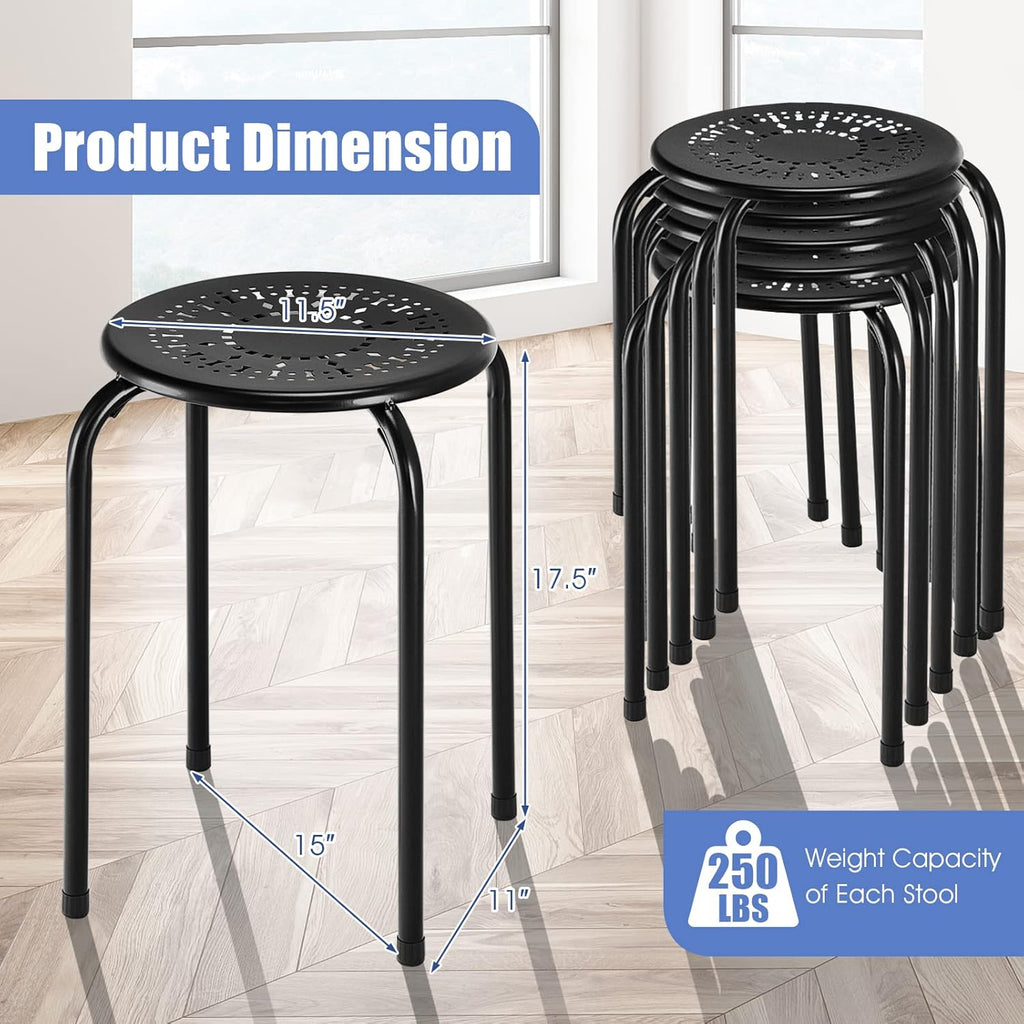 COSTWAY 6-Pack Steel Stack Stools, 17.5-Inch Height Portable Stackable Backless School Stools with Daisy Design, Round Classroom Decoration Stools Set of 6 for Kids Children Students, Black