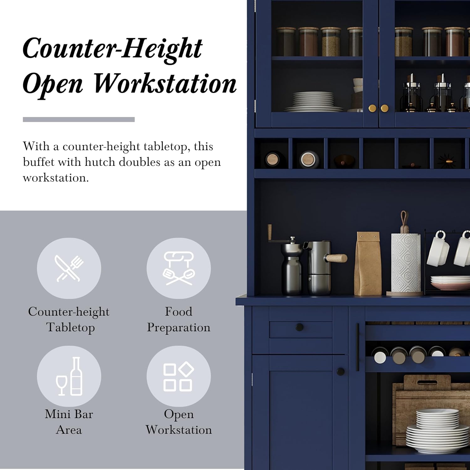 Merax Kitchen Pantry Cabinet, 74”Storage Cabinet with 2 Bottle Trays & 3 Adjustable Shelves, Kitchen Cabinets with Drawer and 7 Wine Rack, Glass Door, Tall Cabinets for Pantry, Blue