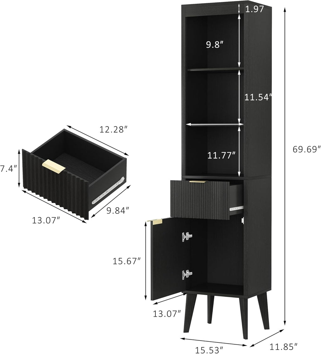 70" H Tall Storage Cabinet, Fluted Freestanding Floor Organizer for Bathroom, Kitchen Pantry, Utility Room, w/Drawer & Adjustable Shelves, Modern Accent in Black