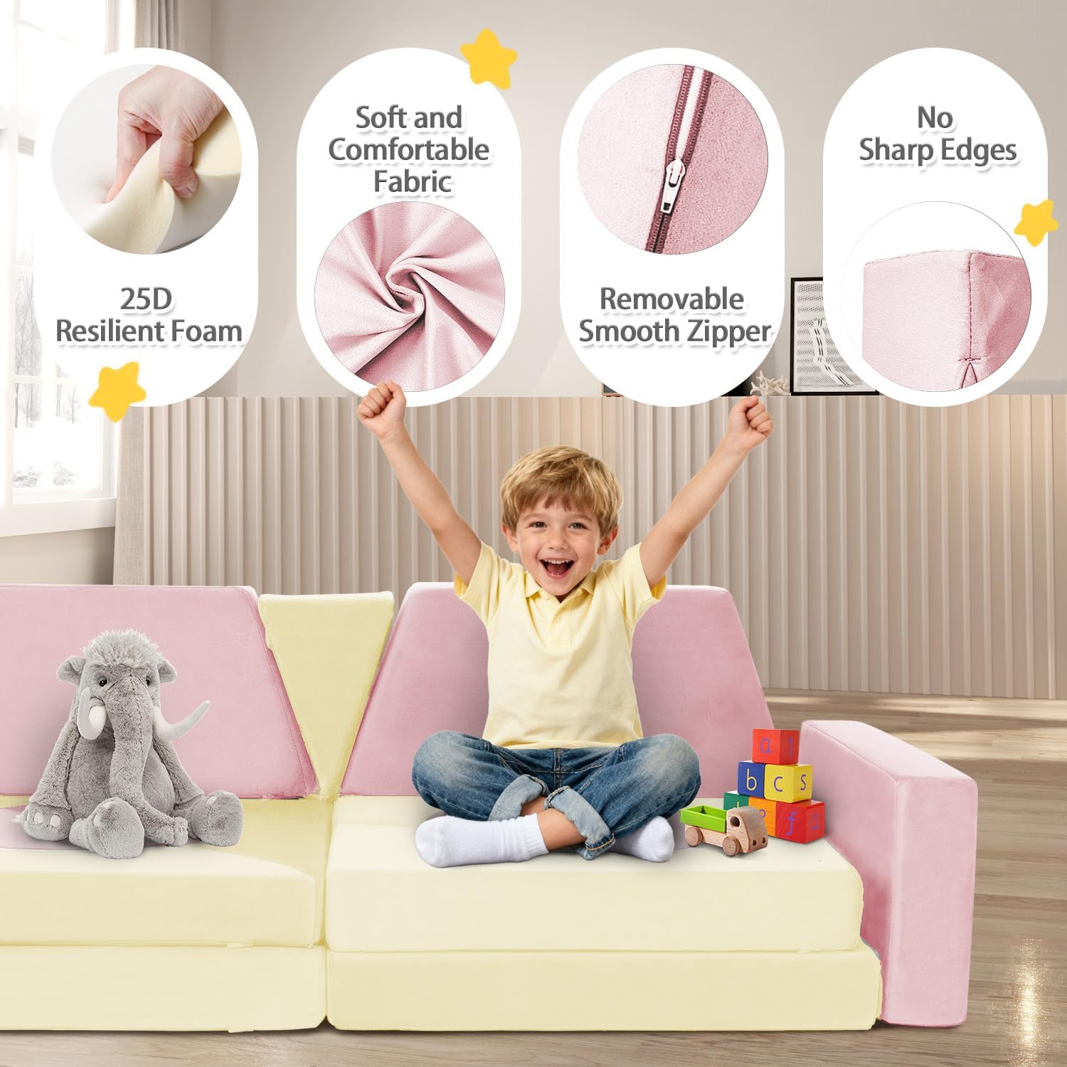 15pcs Modular Kids Play Couch Set Children Section Sofa Kids Convertible Toddler Couch for Children Bedroom Playroom Living Room (Pink+White)