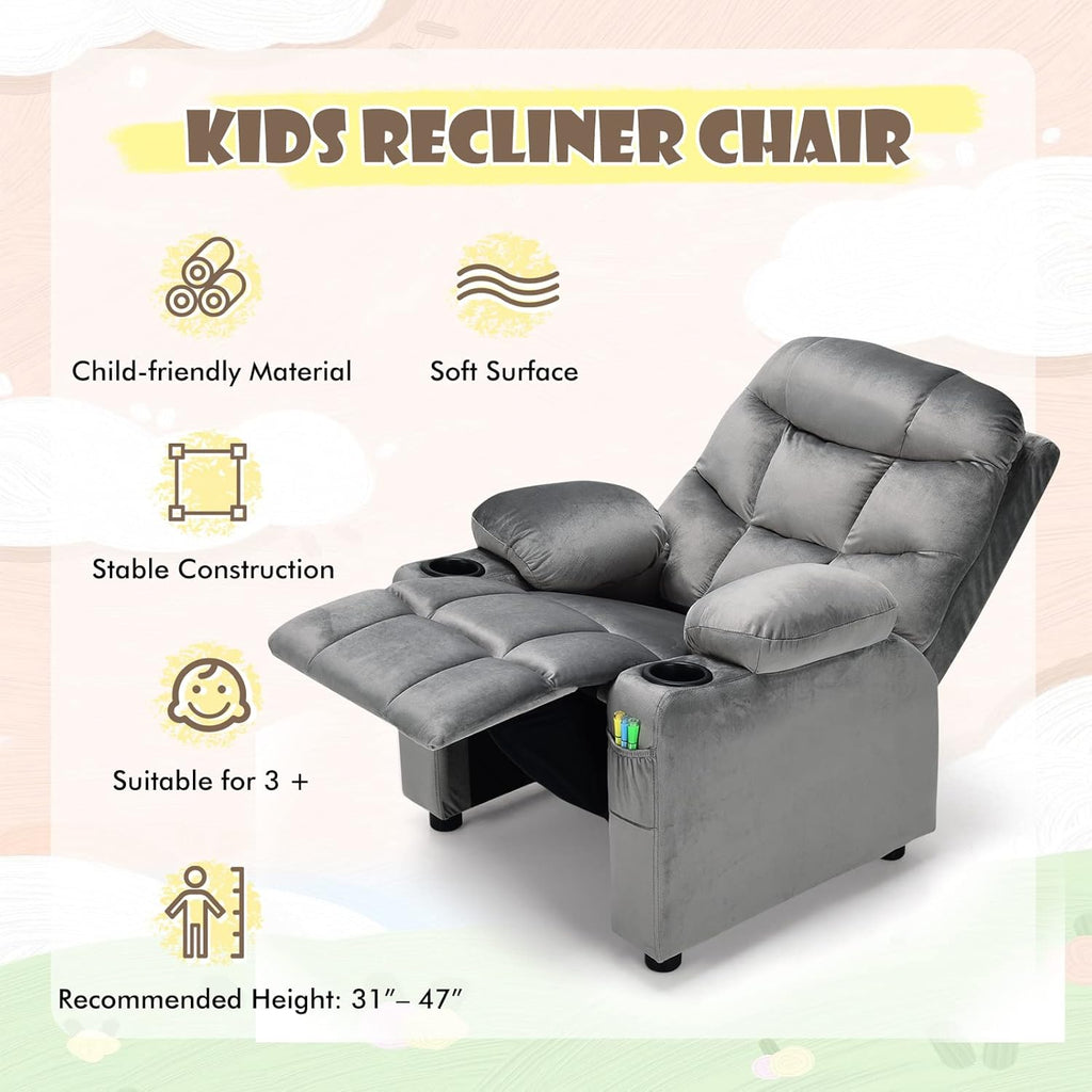 COSTWAY Larger Kids Recliner Chair, Adjustable Lounge Recliner w/ 2 Cup Holders, 1 Side Pocket, 2 Front Pockets, Footrest, Velvet Fabric Recliner for Boys & Girls, Ideal for Bedroom (Grey)