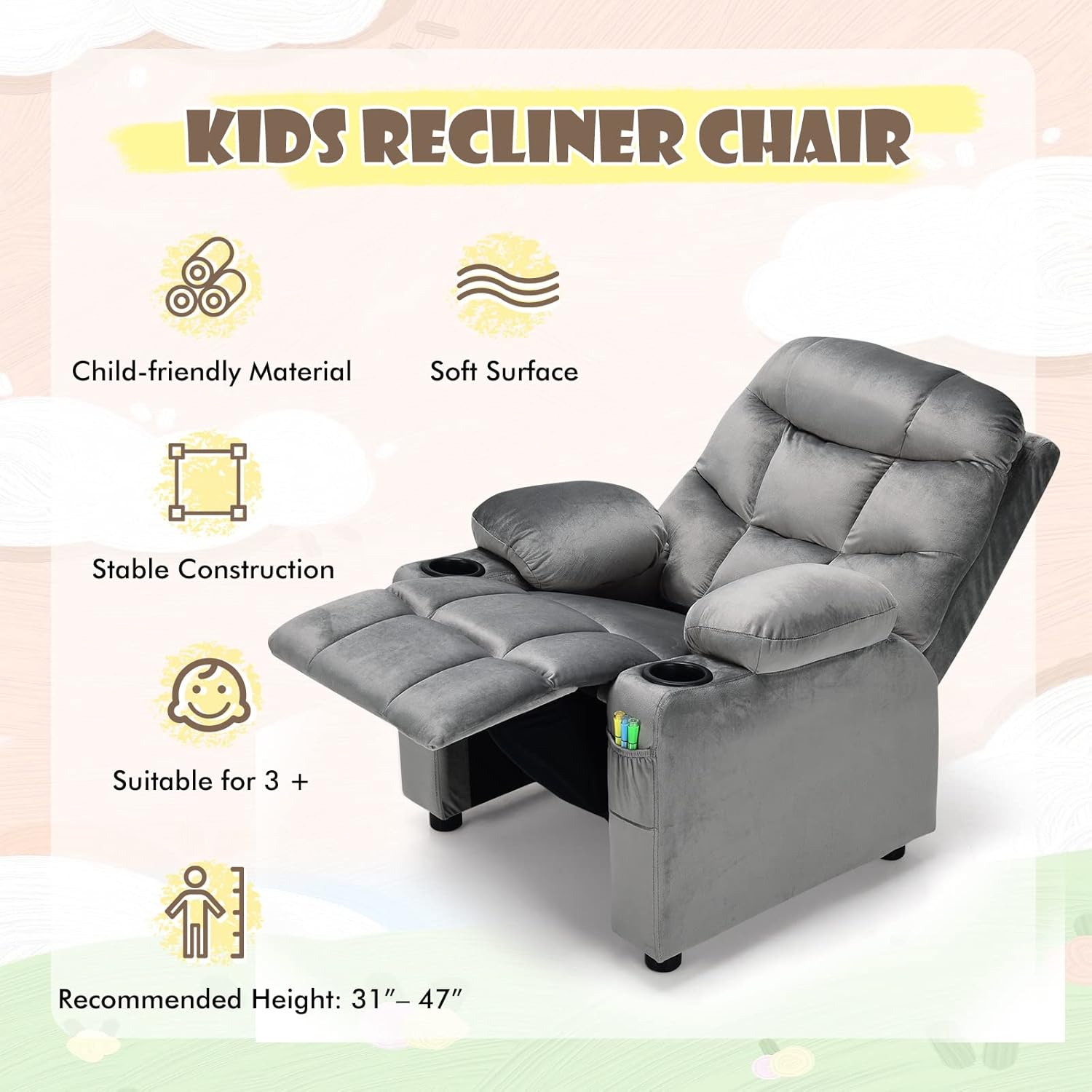 COSTWAY Larger Kids Recliner Chair, Adjustable Lounge Recliner w/ 2 Cup Holders, 1 Side Pocket, 2 Front Pockets, Footrest, Velvet Fabric Recliner for Boys & Girls, Ideal for Bedroom (Grey)