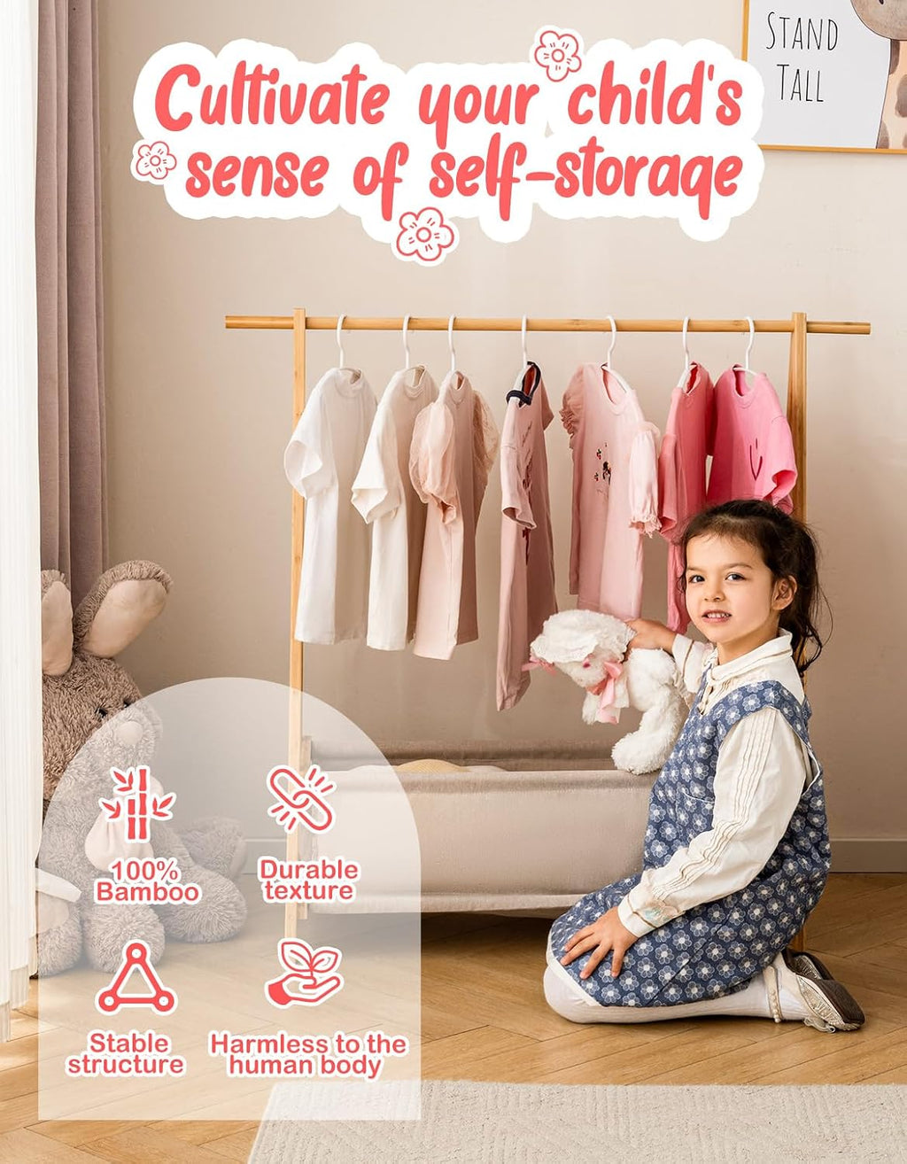 Kids Clothing Rack with Storage Box, Kids Dress Up Rack, Dance Costume Garment Rack for Hanging Clothes,Garment Rack for Hanging Clothes Organizer, Bamboo (Natural)