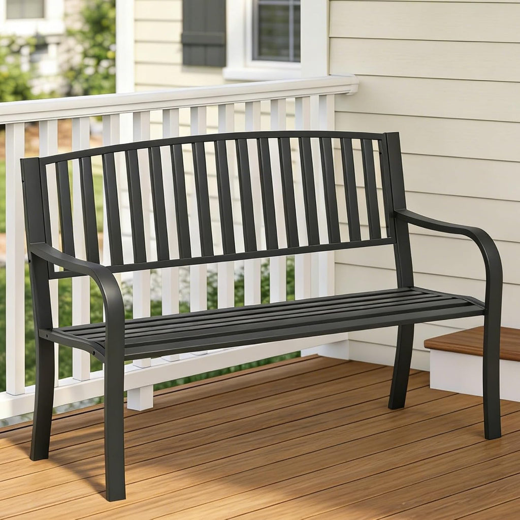 SHGJ&SOFT 50'' Outdoor Bench, Garden Bench, Outdoor Metal Frame Patio Park Bench with Backrest and Armrests,for Porch, Lawn,Garden,Yard (BK-08)