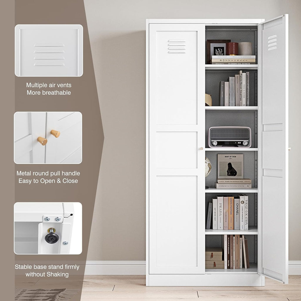 Yizosh Metal Storage Cabinet - 71" White Kitchen Pantry with 2 Doors and 5 Adjustable Shelves, 5-Tier Tall Steel Locker for Living Room, Dining Room