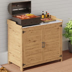 Gizoon Outdoor Potting Bench with Metal Tabletop, Outdoor Garden Patio Wooden Storage Cabinet with Adjustable Shelf, Double Doors Garden Work Bench for Backyard, Patio, Lawn - Natural