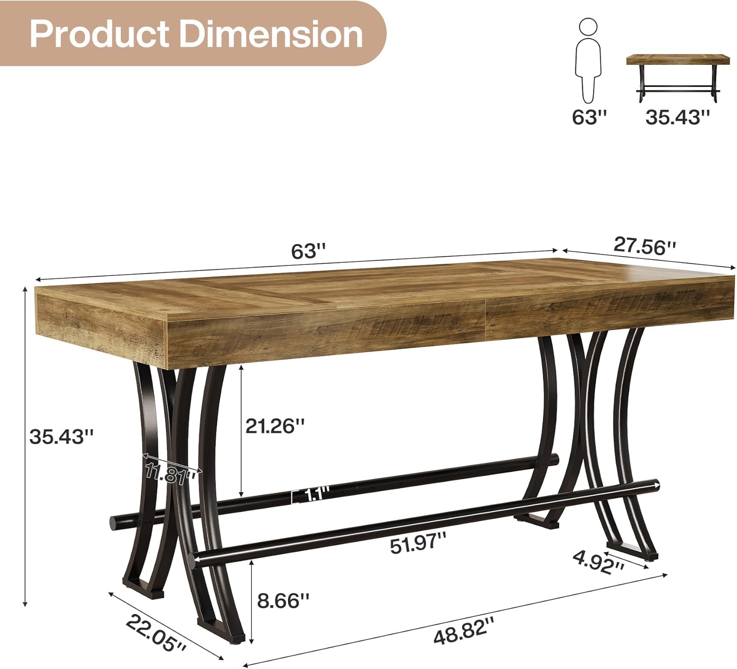 Tribesigns 63" Counter Height Bar Table with Metal Footrest, Rectangular Tall Kitchen Dining Pub Table, Industrial Home Bar Unit for Entertaining, Freestanding, Dark Brown
