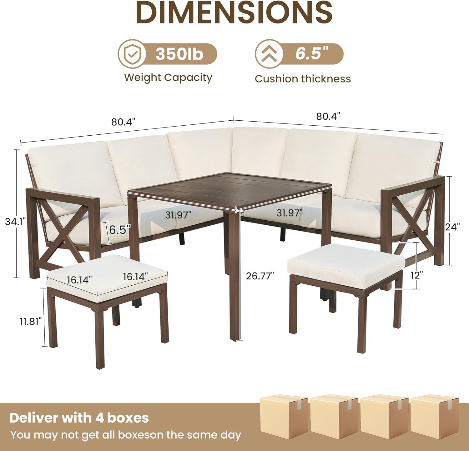 NATURAL EXPRESSIONS 8 Pieces Patio Furniture Sets,Metal Outdoor Sectional Furniture L Shape Conversation Sets with Dining Table,2 Ottomans,Highback Frame,Large Waterproof Cover, 6.5" Cushions for Yard