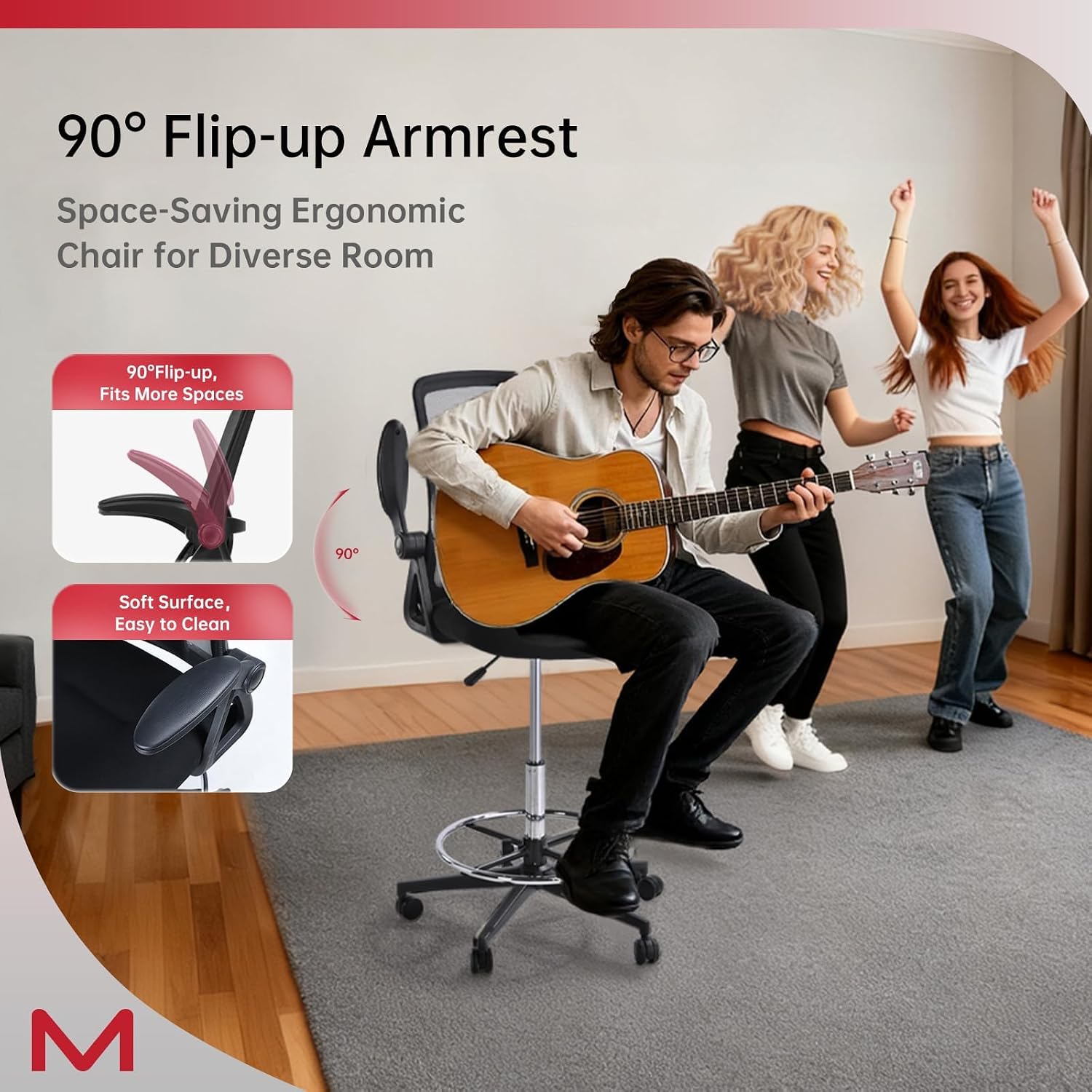 Drafting Chair, Tall Office Chair with Lumbar Support, High Office Chair with Flip up Armrests, Standing Desk Chair with Adjustable Footrest Ring, Breathable Mesh Back, Black